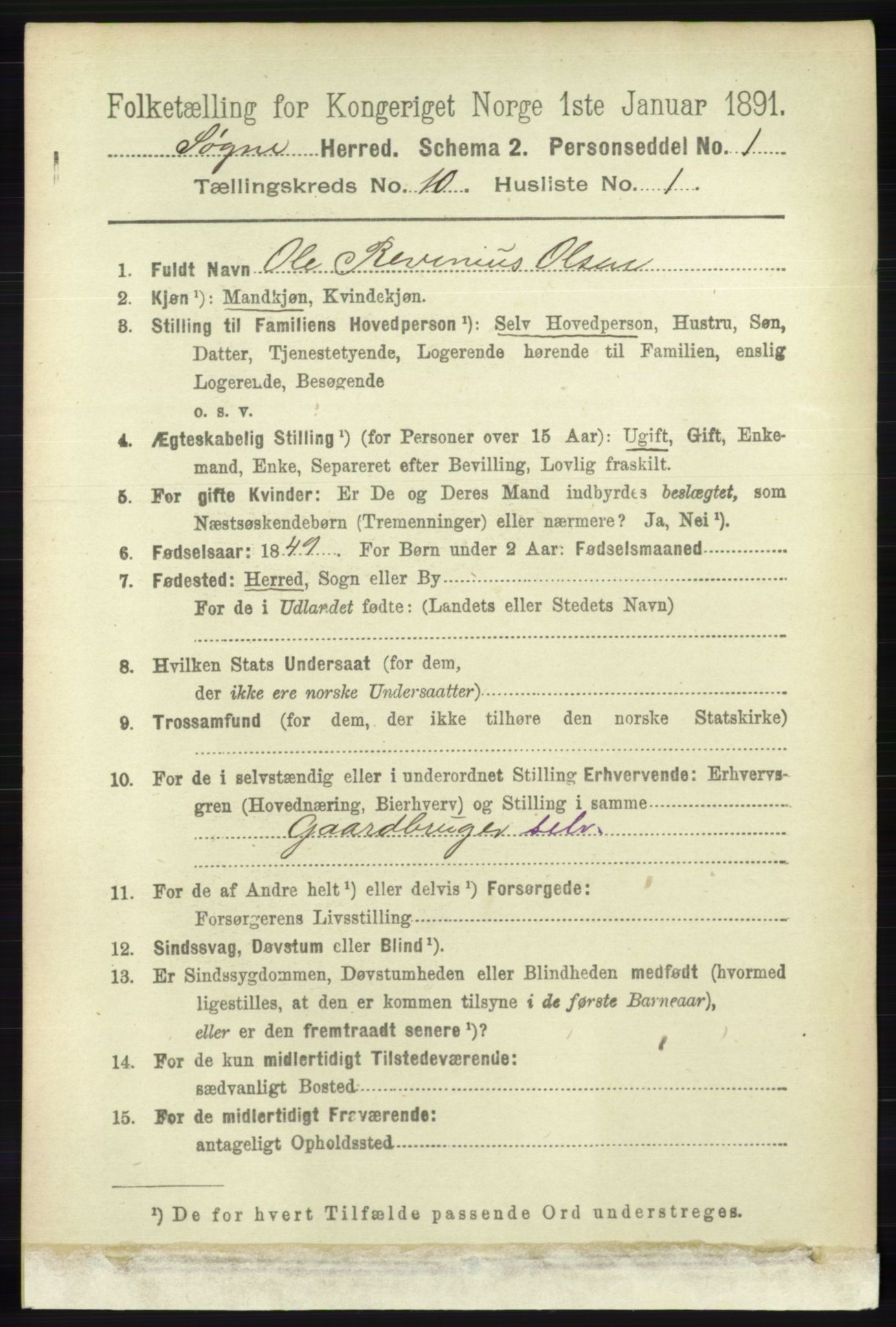 RA, 1891 census for 1018 Søgne, 1891, p. 2710