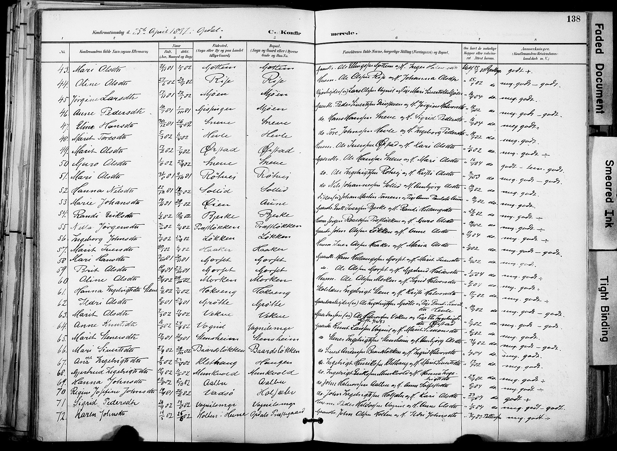 Ministerialprotokoller, klokkerbøker og fødselsregistre - Sør-Trøndelag, AV/SAT-A-1456/678/L0902: Parish register (official) no. 678A11, 1895-1911, p. 138