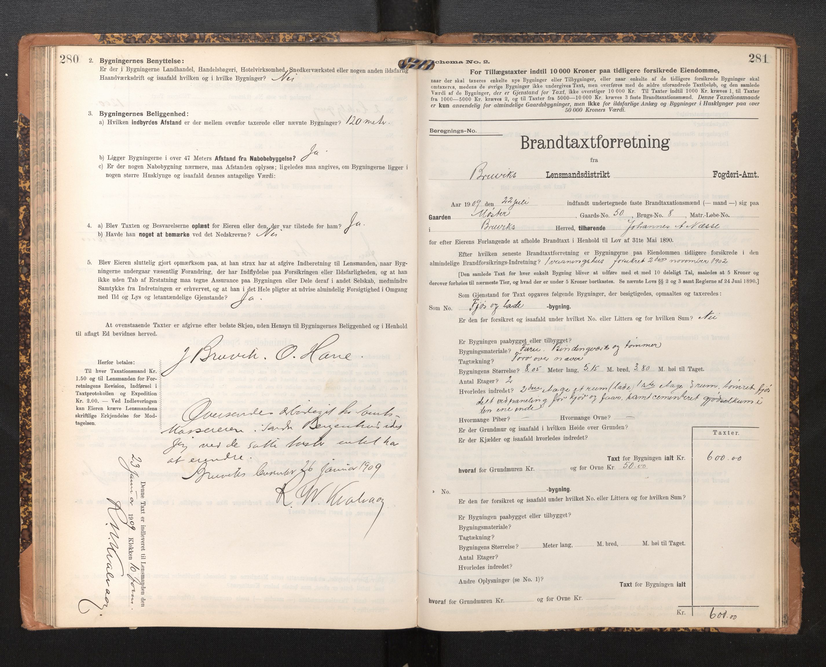Lensmannen i Bruvik, SAB/A-31301/0012/L0007: Branntakstprotokoll, skjematakst, 1906-1918, p. 280-281