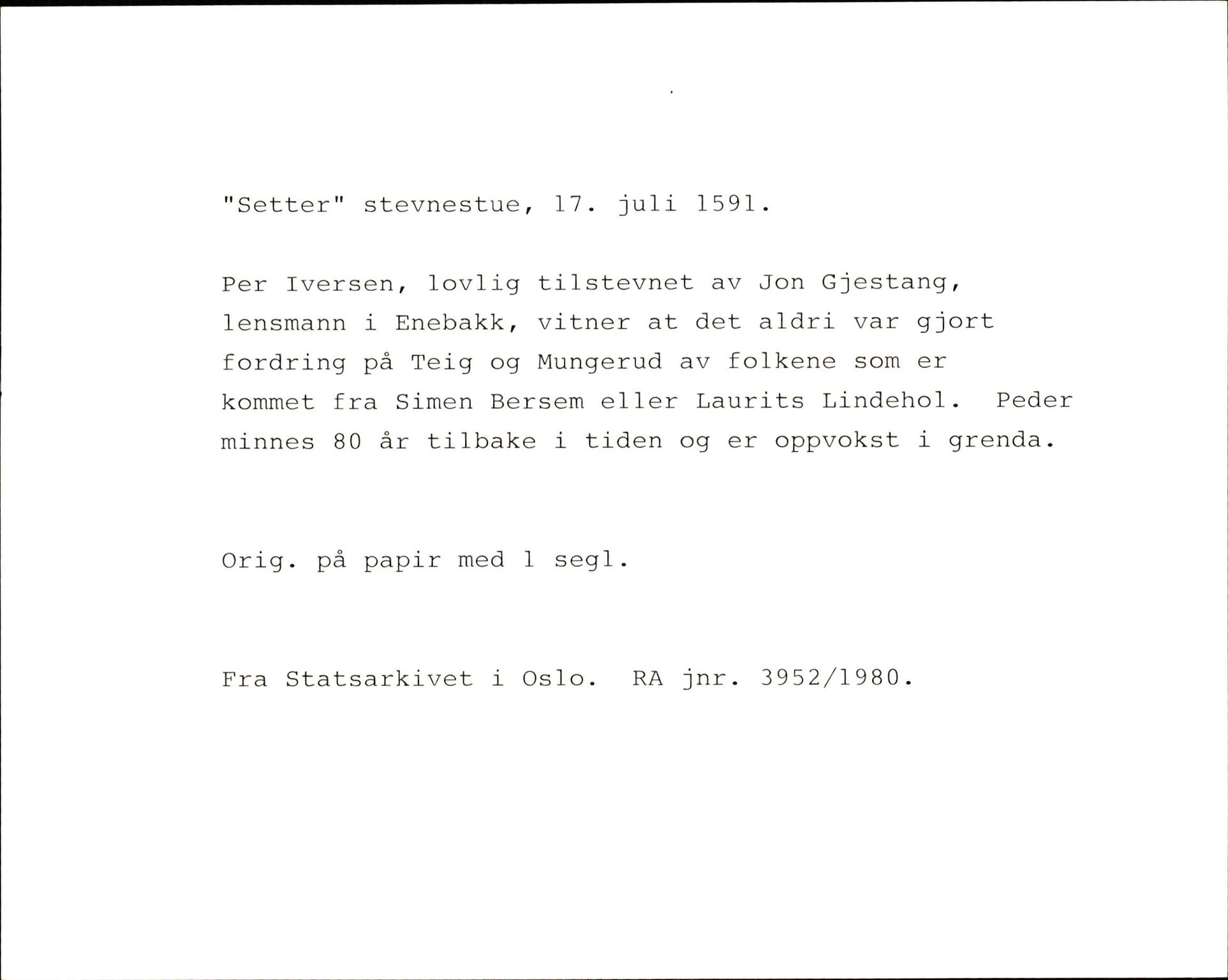 Riksarkivets diplomsamling, AV/RA-EA-5965/F35/F35k/L0002: Regestsedler: Prestearkiver fra Hedmark, Oppland, Buskerud og Vestfold, p. 739