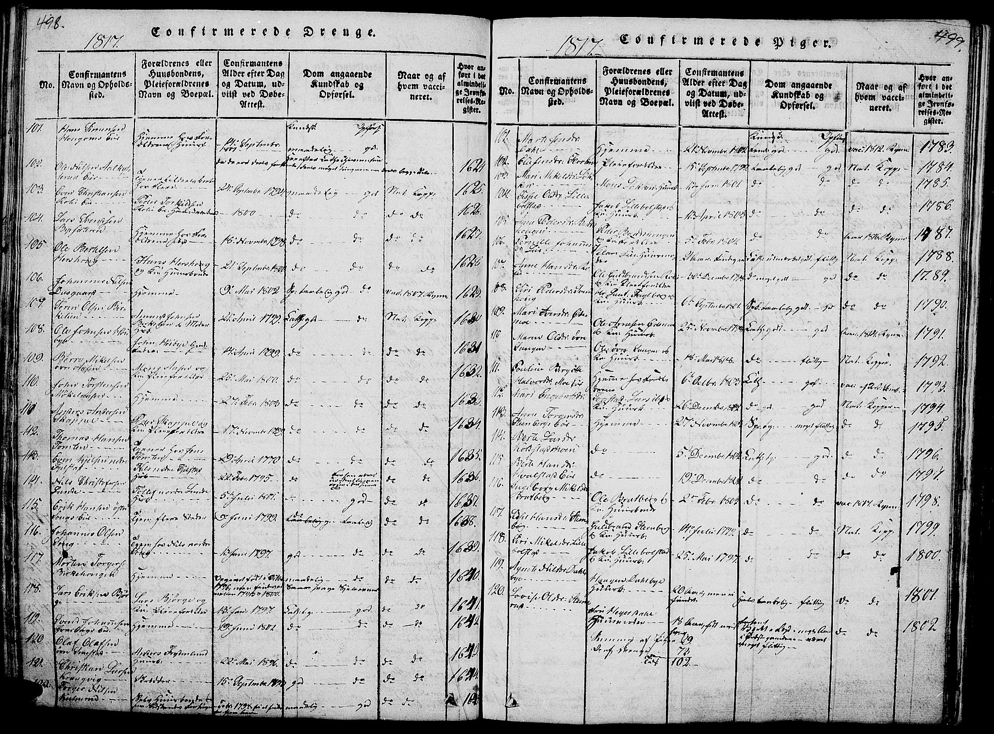 Ringsaker prestekontor, AV/SAH-PREST-014/L/La/L0001: Parish register (copy) no. 1, 1814-1826, p. 498-499