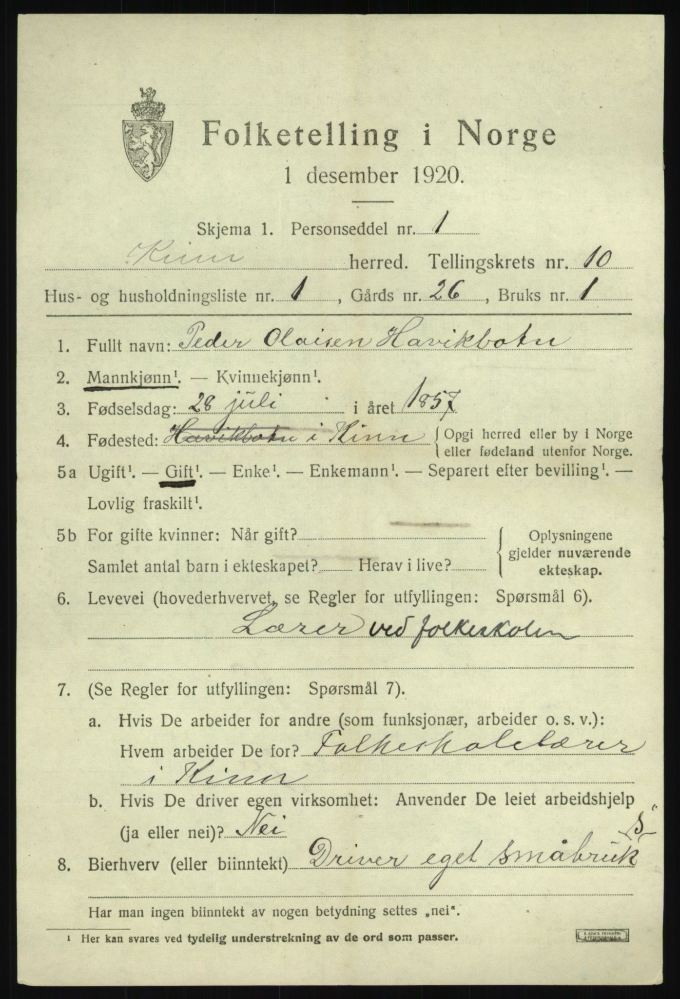 SAB, 1920 census for Kinn, 1920, p. 3439