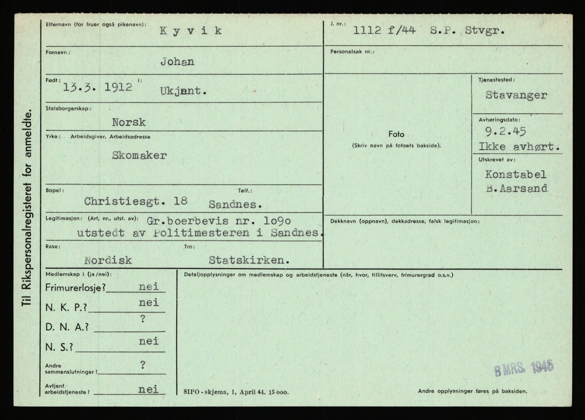 Statspolitiet - Hovedkontoret / Osloavdelingen, AV/RA-S-1329/C/Ca/L0009: Knutsen - Limstrand, 1943-1945, p. 2464