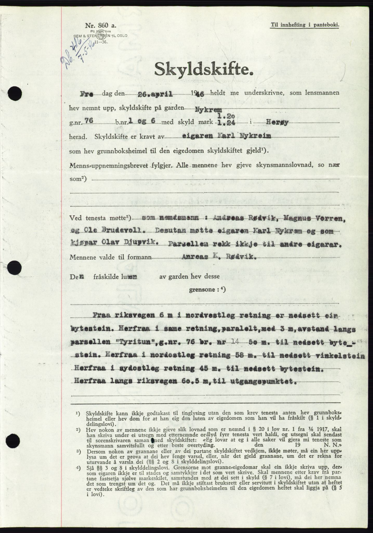 Søre Sunnmøre sorenskriveri, AV/SAT-A-4122/1/2/2C/L0078: Mortgage book no. 4A, 1946-1946, Diary no: : 416/1946