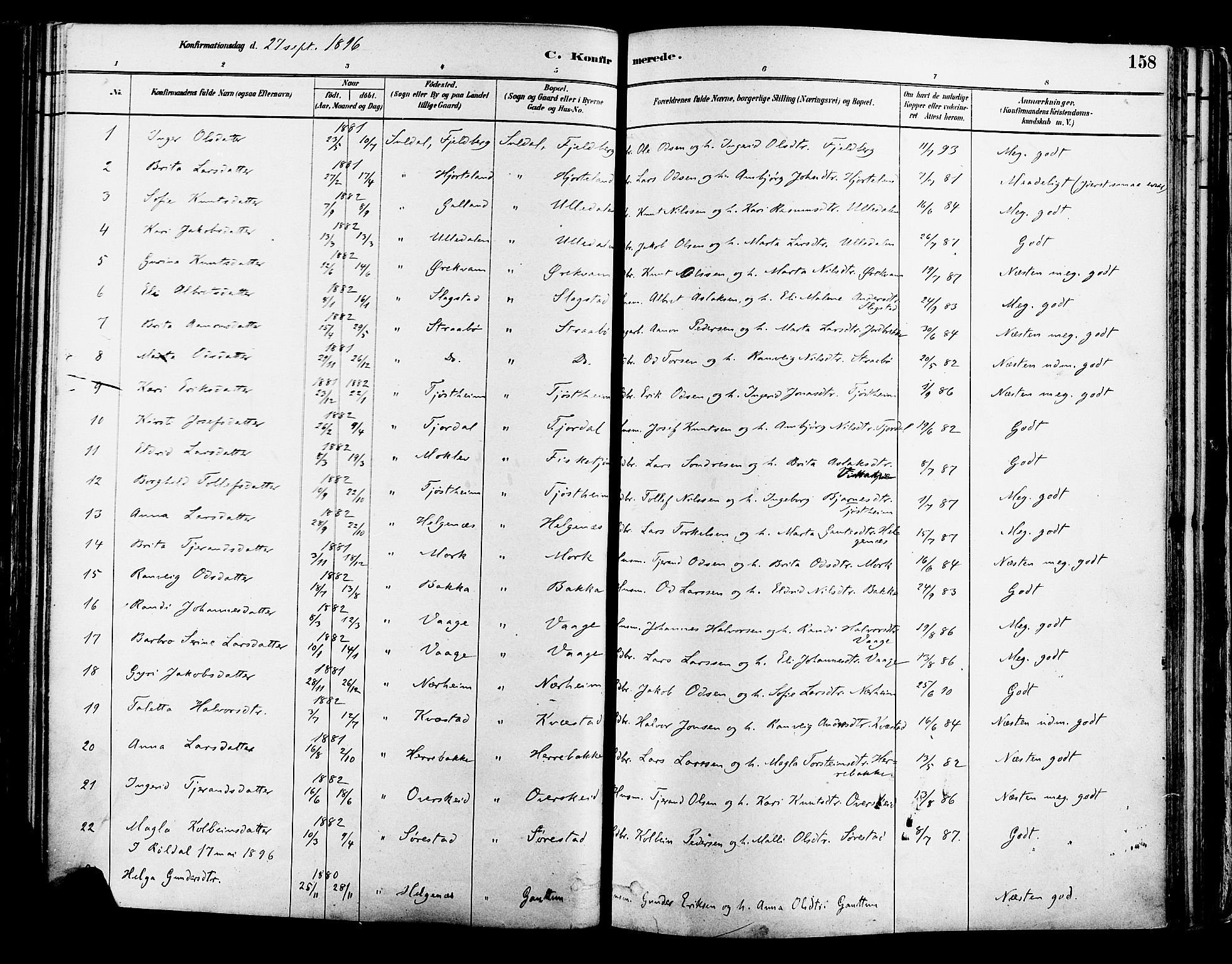 Suldal sokneprestkontor, AV/SAST-A-101845/01/IV/L0011: Parish register (official) no. A 11, 1878-1900, p. 158