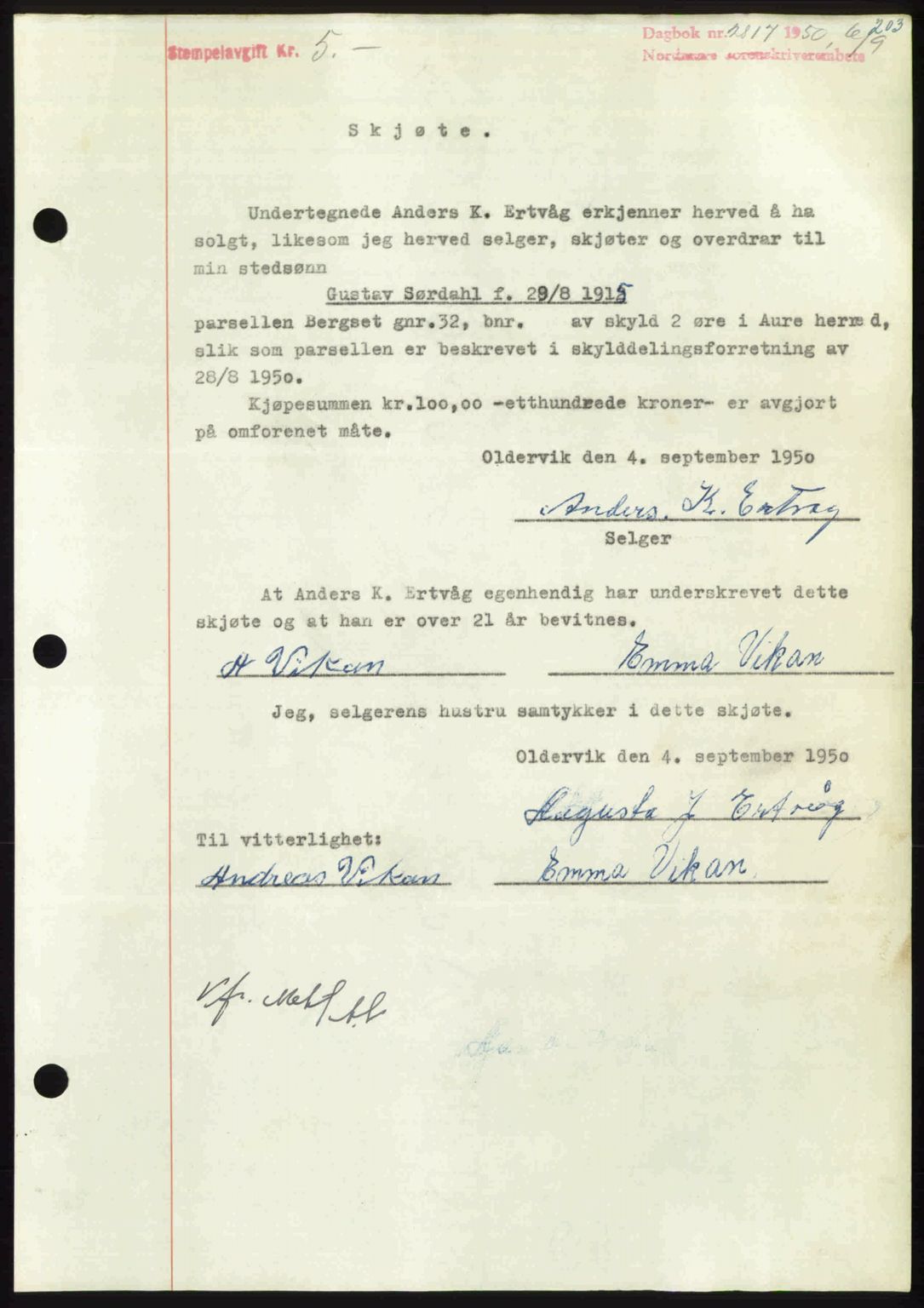 Nordmøre sorenskriveri, AV/SAT-A-4132/1/2/2Ca: Mortgage book no. A116, 1950-1950, Diary no: : 2817/1950