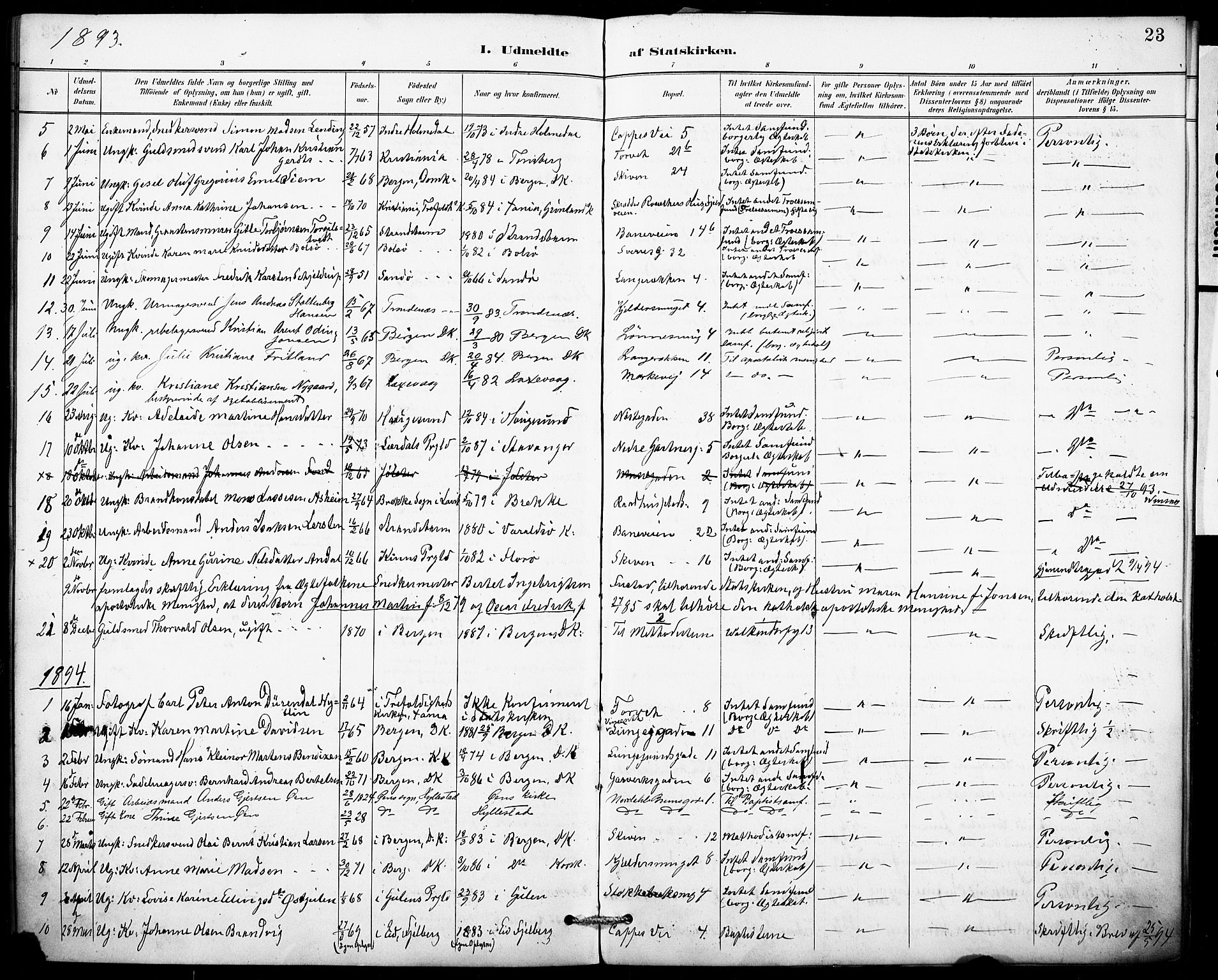 Domkirken sokneprestembete, SAB/A-74801/H/Haa: Parish register (official) no. I 1, 1887-1908, p. 23