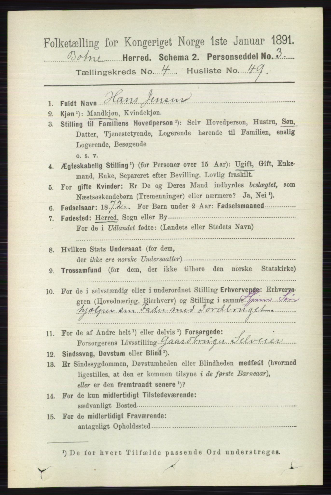 RA, 1891 census for 0715 Botne, 1891, p. 1882