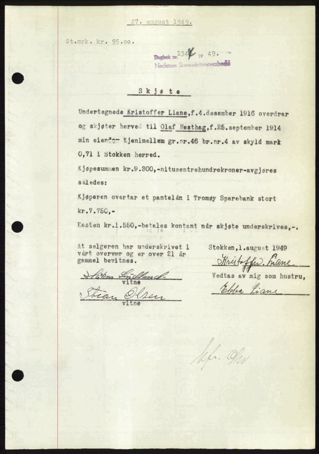 Nedenes sorenskriveri, SAK/1221-0006/G/Gb/Gba/L0061: Mortgage book no. A13, 1949-1949, Diary no: : 1347/1949