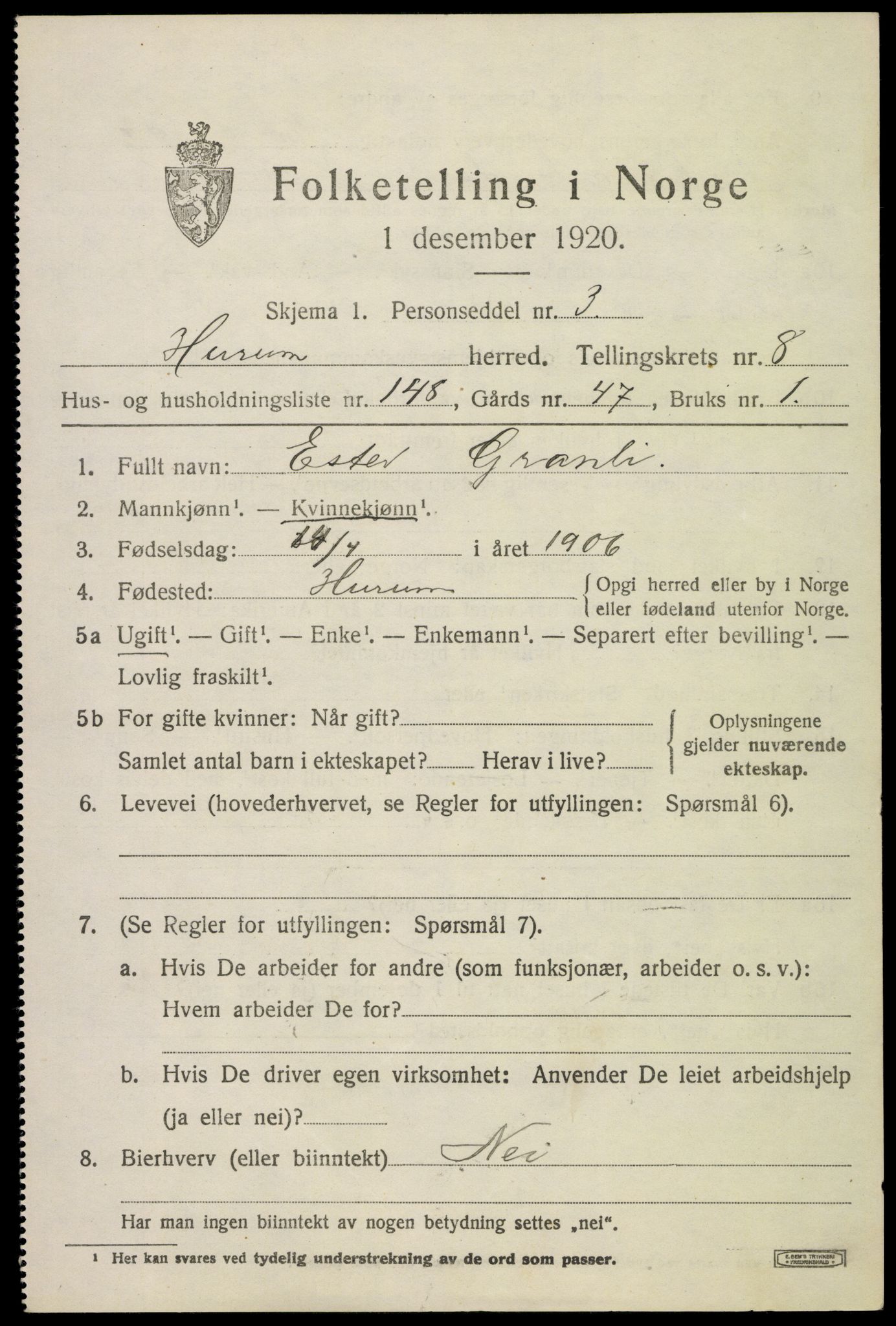 SAKO, 1920 census for Hurum, 1920, p. 11976