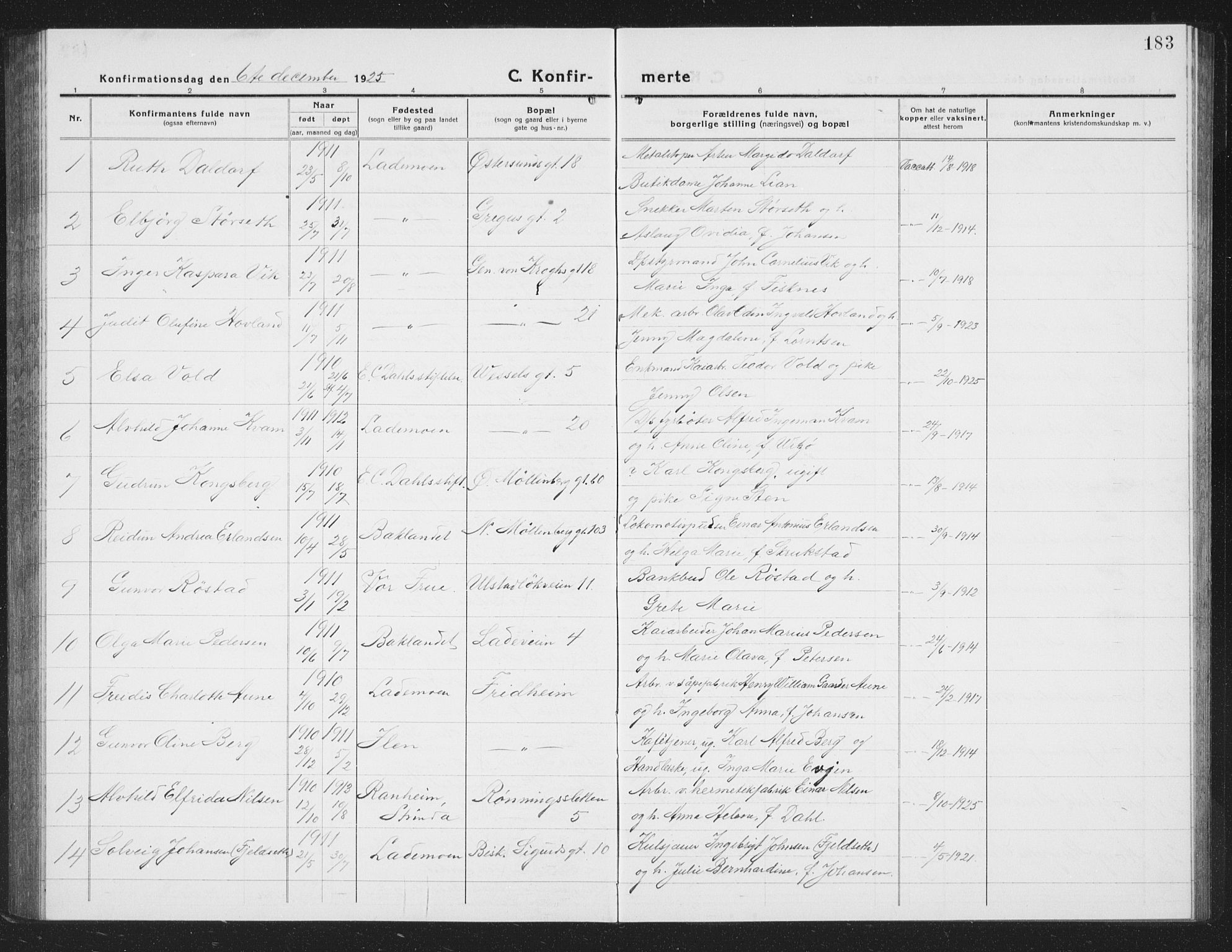 Ministerialprotokoller, klokkerbøker og fødselsregistre - Sør-Trøndelag, SAT/A-1456/605/L0258: Parish register (copy) no. 605C05, 1918-1930, p. 183