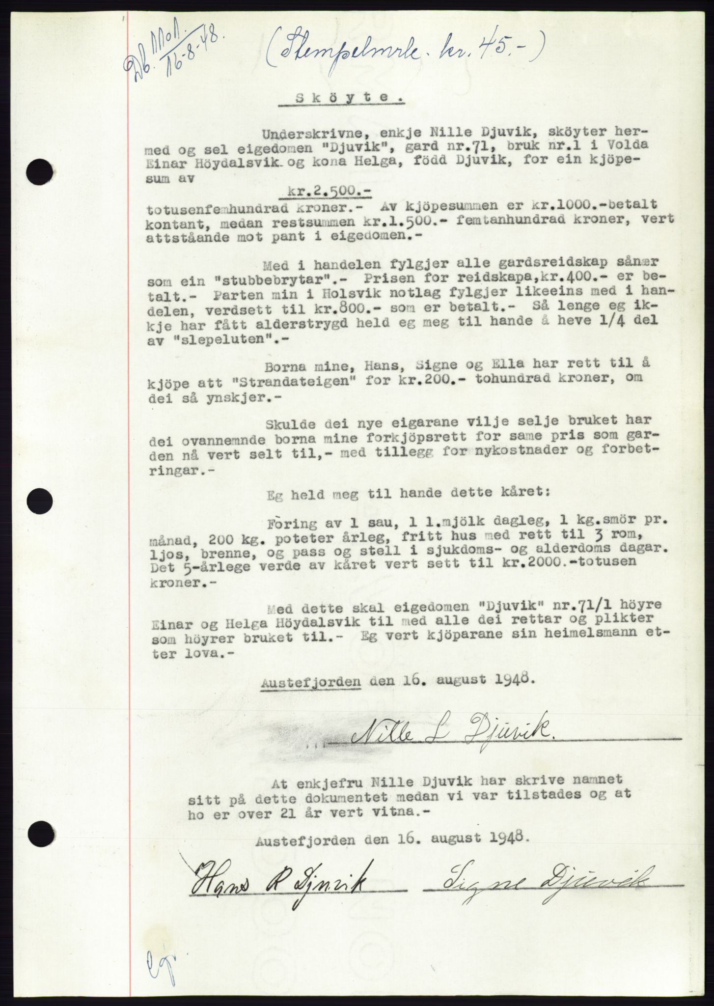 Søre Sunnmøre sorenskriveri, AV/SAT-A-4122/1/2/2C/L0082: Mortgage book no. 8A, 1948-1948, Diary no: : 1101/1948