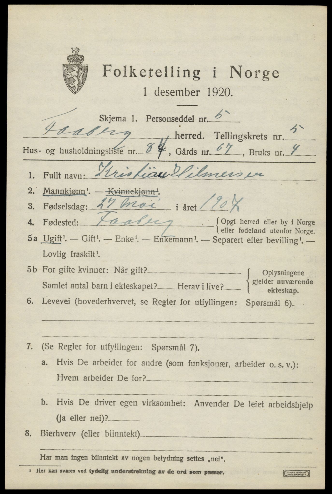 SAH, 1920 census for Fåberg, 1920, p. 7108