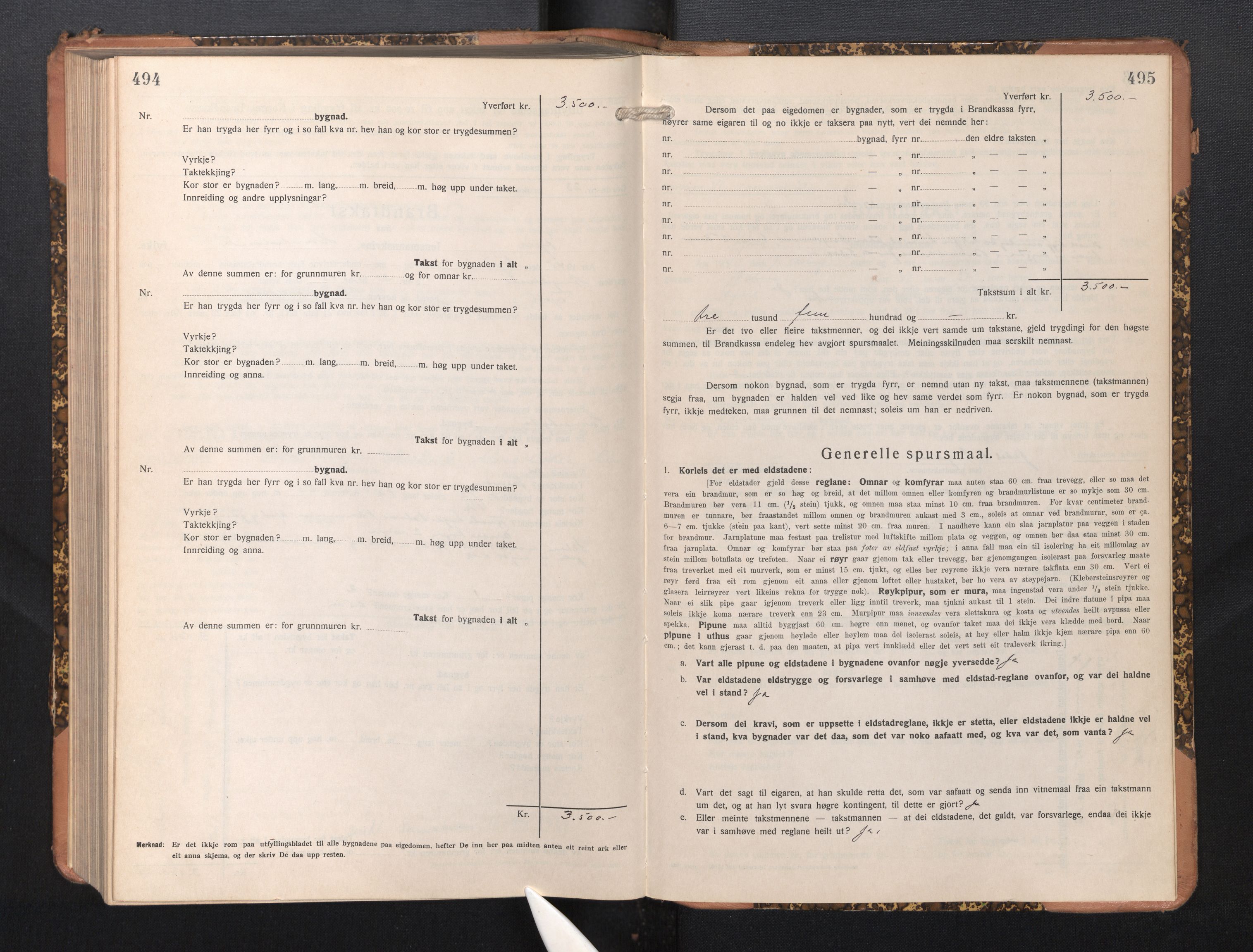 Lensmannen i Fjell, SAB/A-32301/0012/L0006: Branntakstprotokoll, skjematakst, 1931-1945, p. 494-495