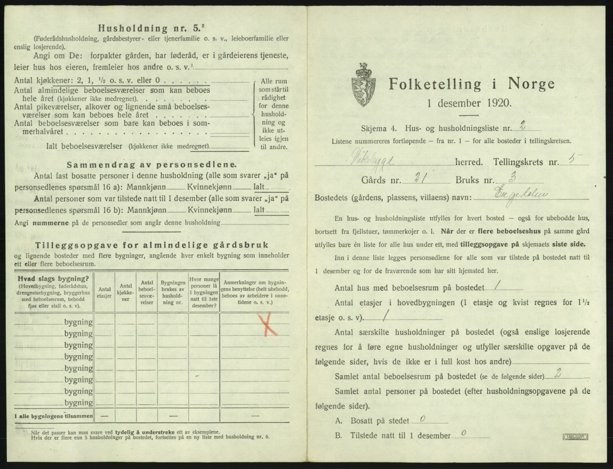 SAB, 1920 census for Vikebygd, 1920, p. 282