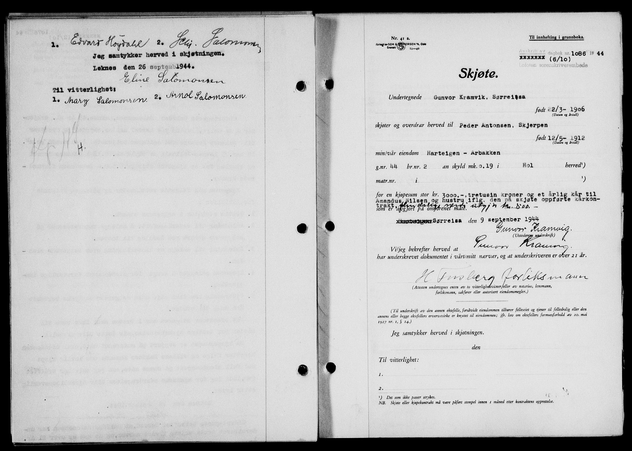 Lofoten sorenskriveri, SAT/A-0017/1/2/2C/L0012a: Mortgage book no. 12a, 1943-1944, Diary no: : 1086/1944