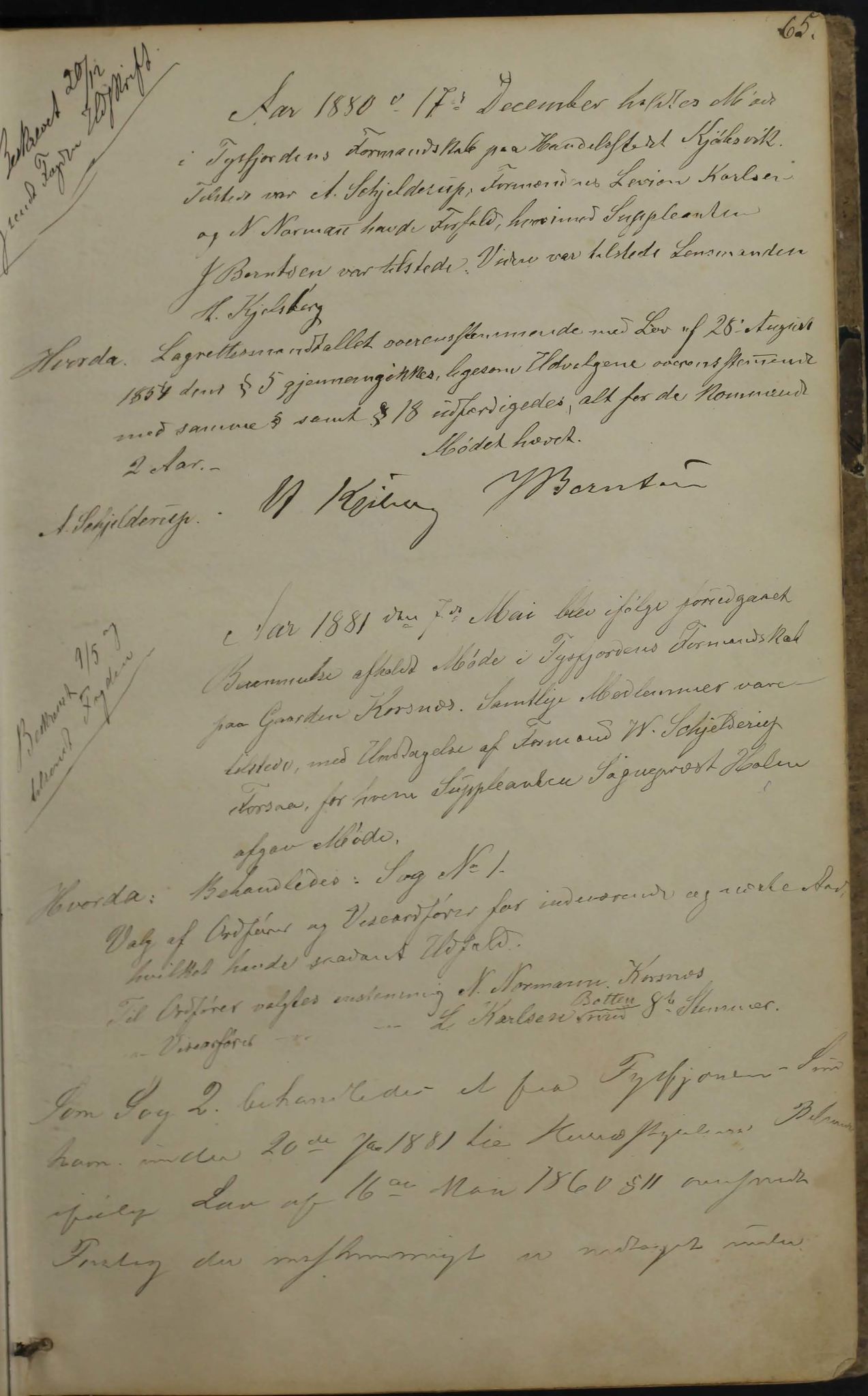 Tysfjord kommune. Formannskapet, AIN/K-18500.150/100/L0001: Forhandlingsprotokoll for Tysfjordens formandskab, 1869-1895, p. 65