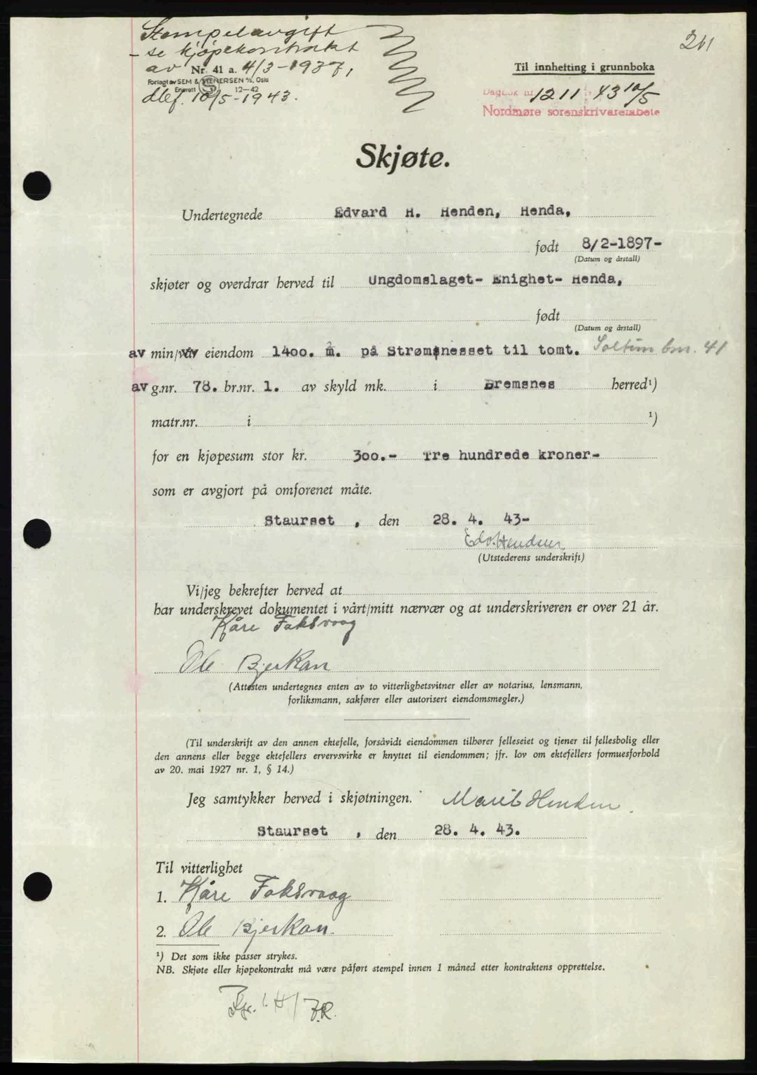 Nordmøre sorenskriveri, AV/SAT-A-4132/1/2/2Ca: Mortgage book no. A95, 1943-1943, Diary no: : 1211/1943