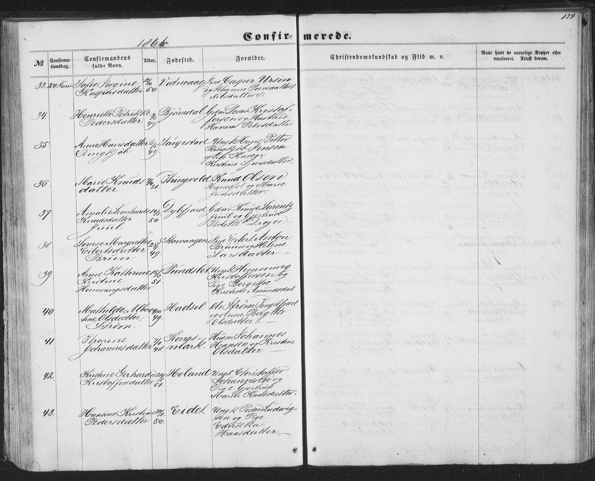 Ministerialprotokoller, klokkerbøker og fødselsregistre - Nordland, SAT/A-1459/874/L1073: Parish register (copy) no. 874C02, 1860-1870, p. 124