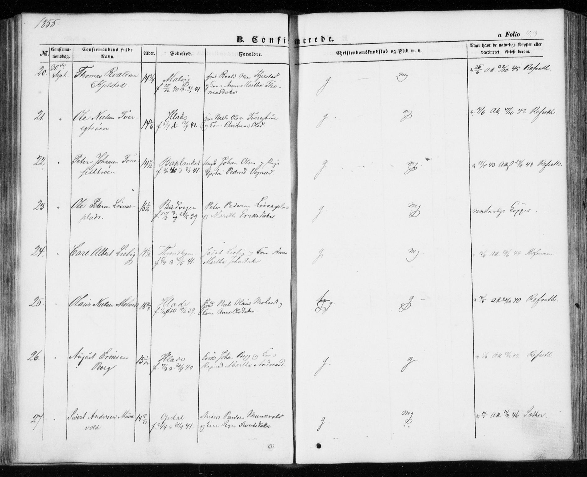 Ministerialprotokoller, klokkerbøker og fødselsregistre - Sør-Trøndelag, AV/SAT-A-1456/606/L0291: Parish register (official) no. 606A06, 1848-1856, p. 183