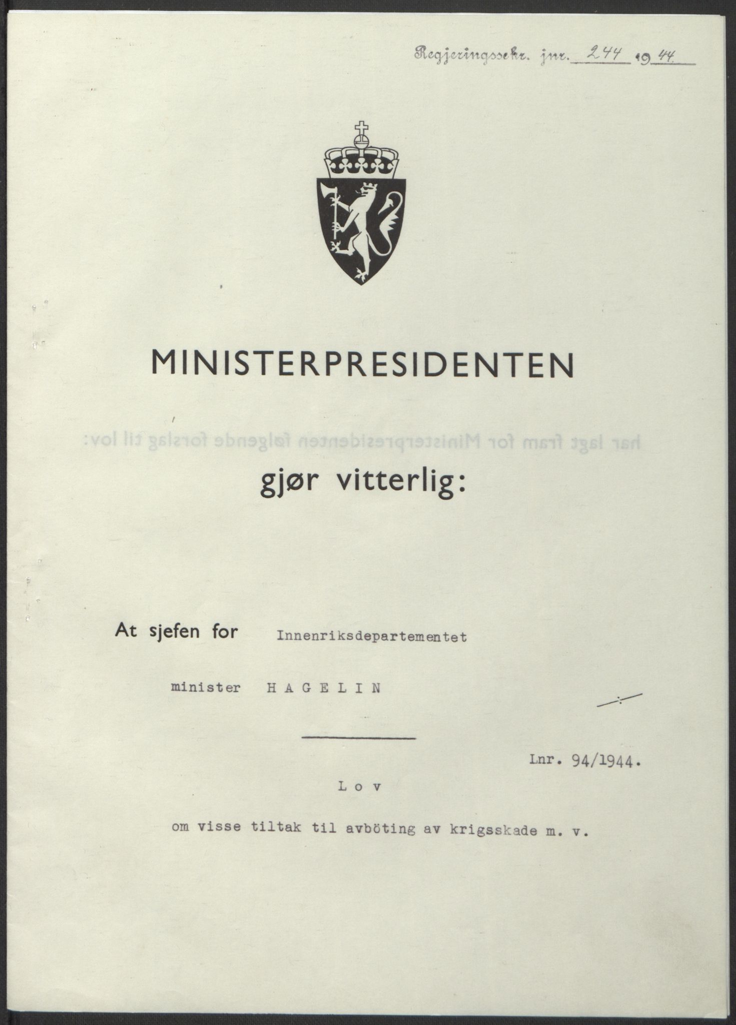 NS-administrasjonen 1940-1945 (Statsrådsekretariatet, de kommisariske statsråder mm), RA/S-4279/D/Db/L0100: Lover, 1944, p. 445