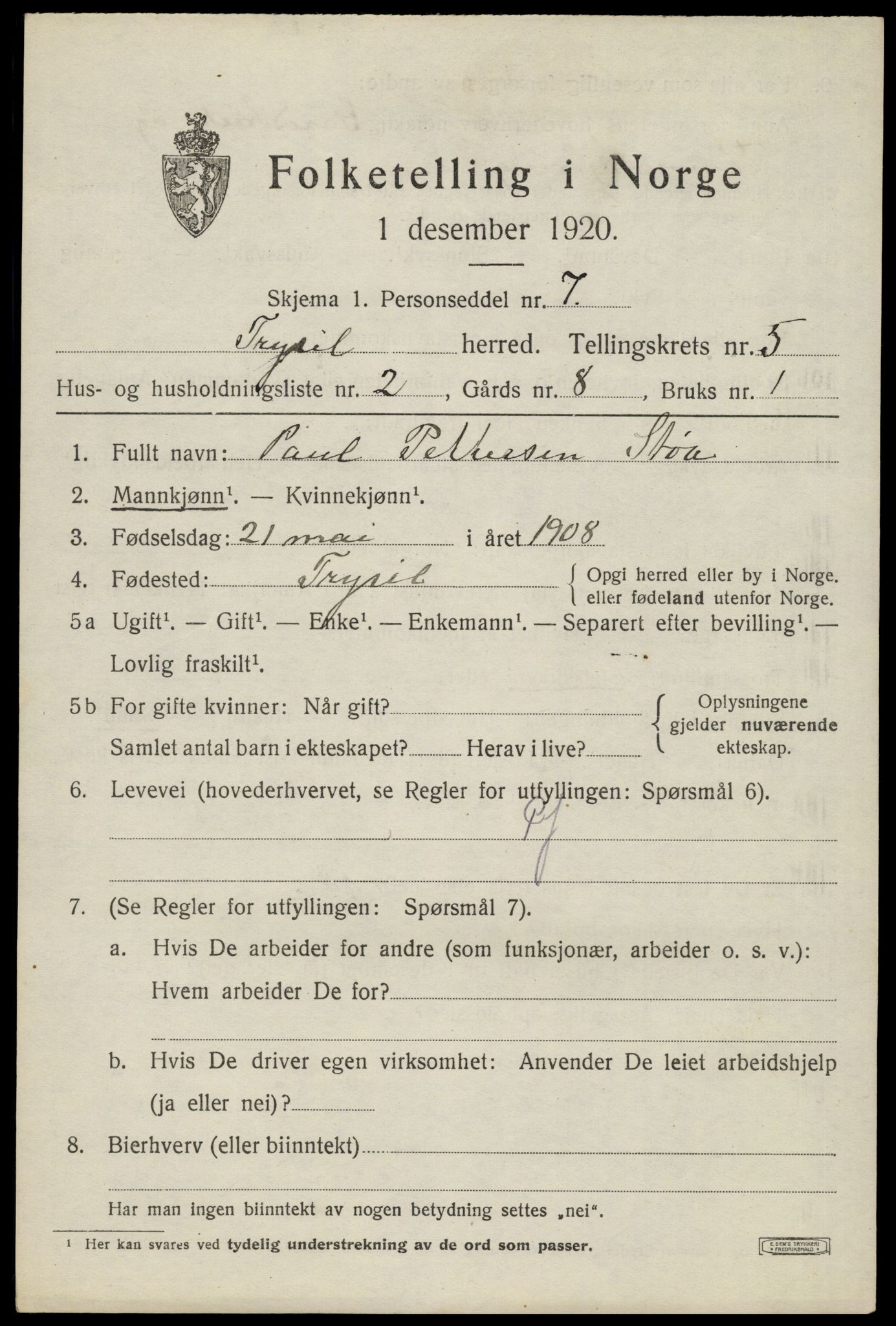 SAH, 1920 census for Trysil, 1920, p. 4335