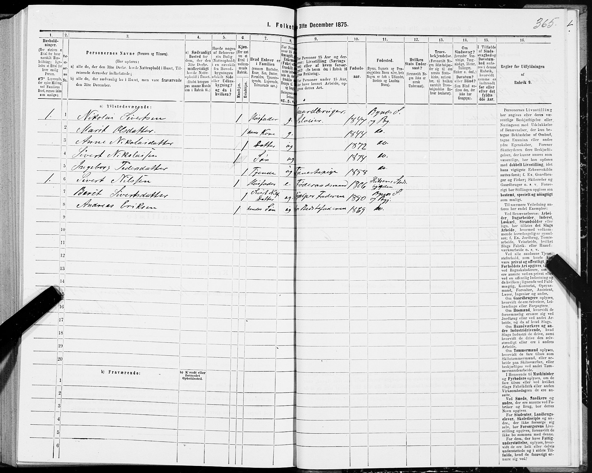 SAT, 1875 census for 1655P Byneset, 1875, p. 1365