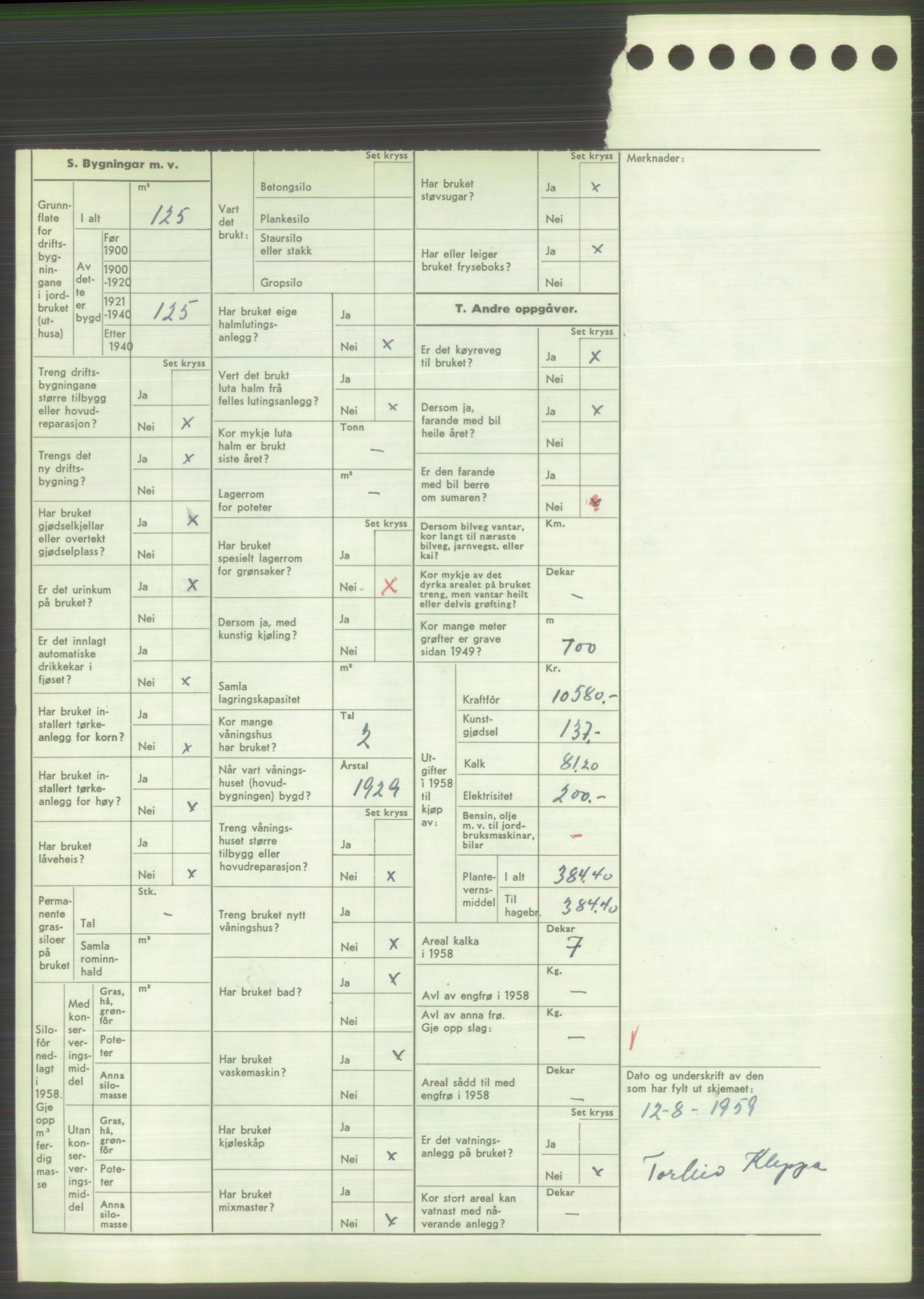 Statistisk sentralbyrå, Næringsøkonomiske emner, Jordbruk, skogbruk, jakt, fiske og fangst, AV/RA-S-2234/G/Gd/L0373: Rogaland: 1130 Strand (kl. 1-2), 1131 Årdal og 1132 Fister, 1959, p. 1106