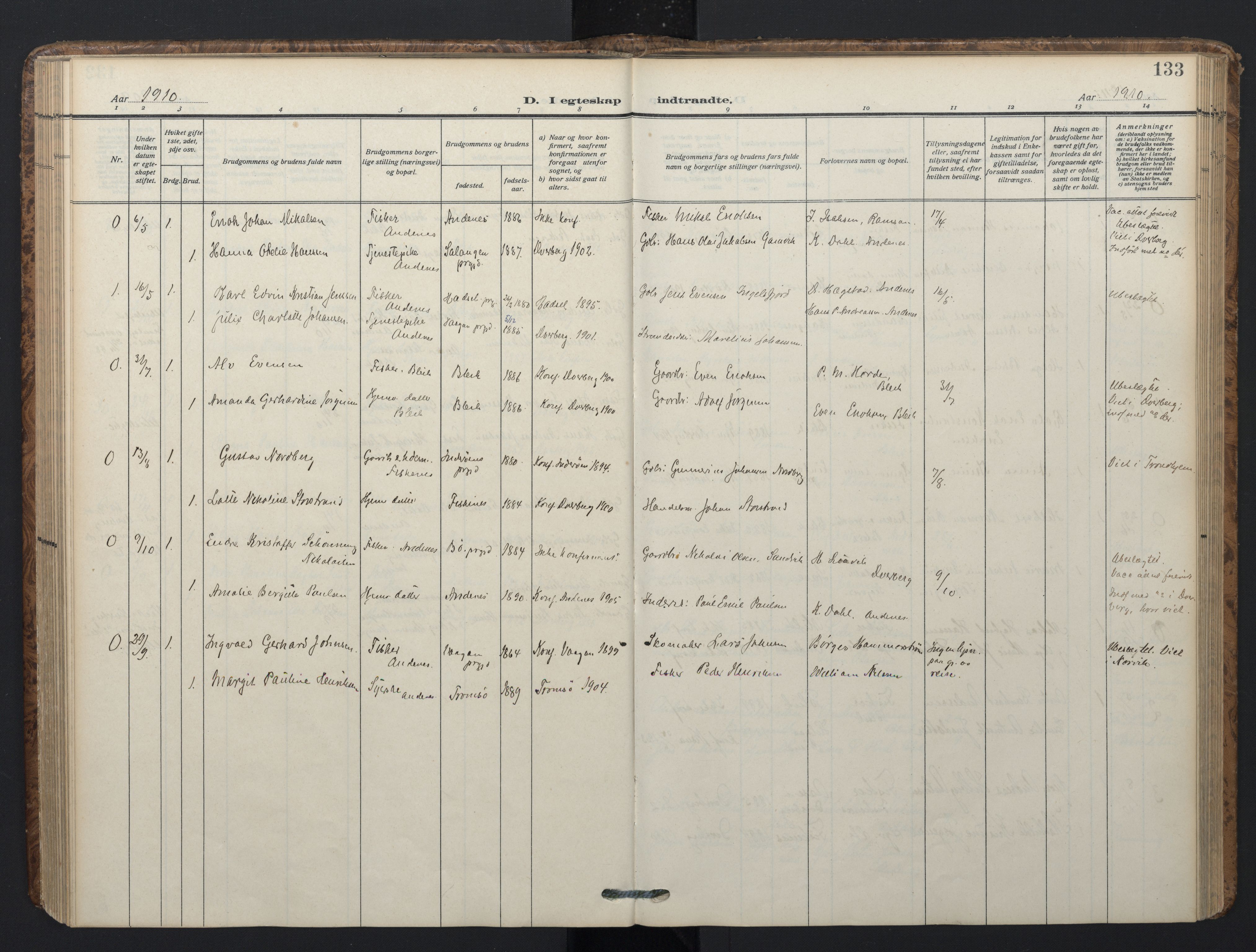 Ministerialprotokoller, klokkerbøker og fødselsregistre - Nordland, AV/SAT-A-1459/899/L1438: Parish register (official) no. 899A06, 1909-1922, p. 133