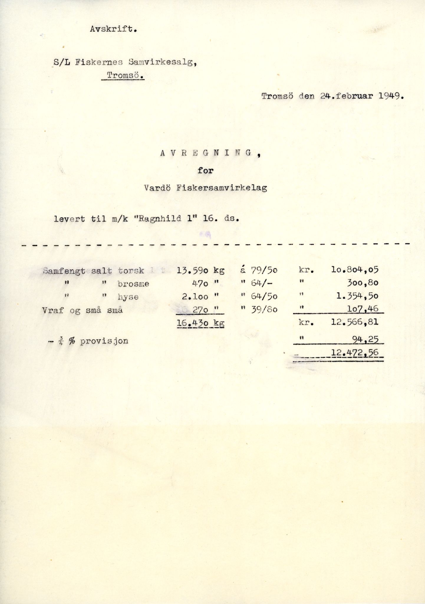 Vardø Fiskersamvirkelag, VAMU/A-0037/D/Da/L0008: Korrespondanse Tr-År, 1947-1950