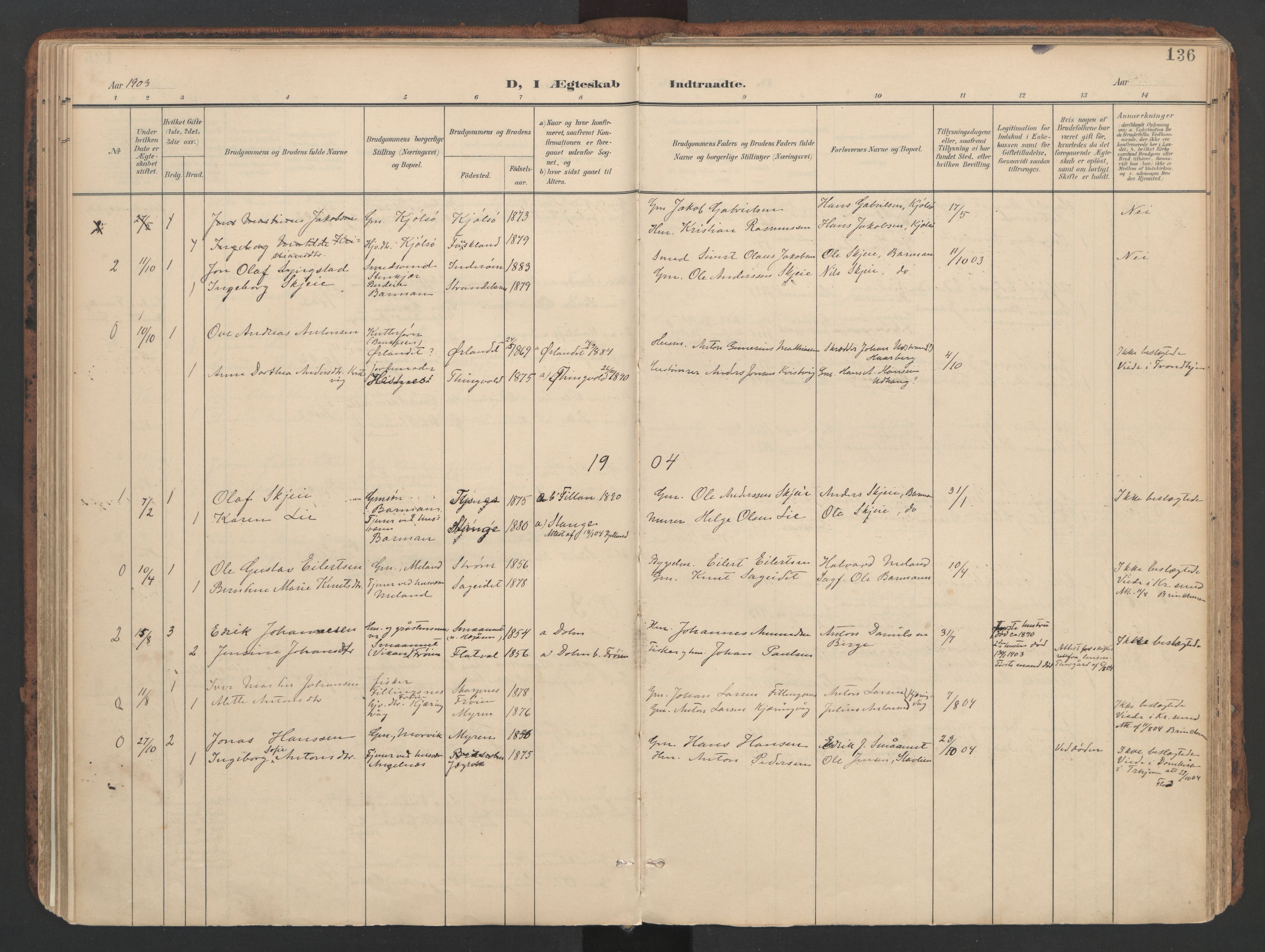 Ministerialprotokoller, klokkerbøker og fødselsregistre - Sør-Trøndelag, SAT/A-1456/634/L0537: Parish register (official) no. 634A13, 1896-1922, p. 136