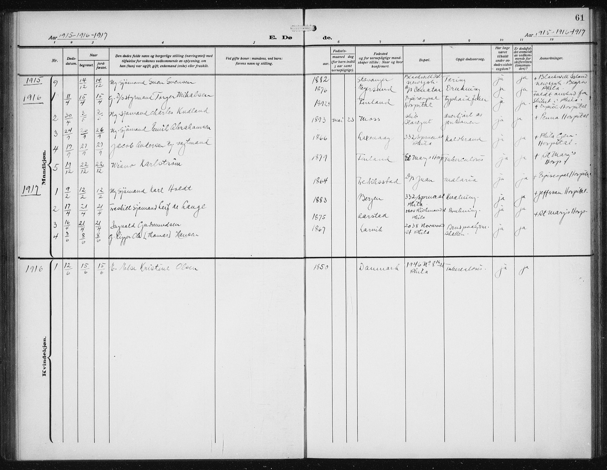 Den norske sjømannsmisjon i utlandet/Philadelphia, SAB/SAB/PA-0113/H/Ha/L0001: Parish register (official) no. A 1, 1912-1931, p. 61