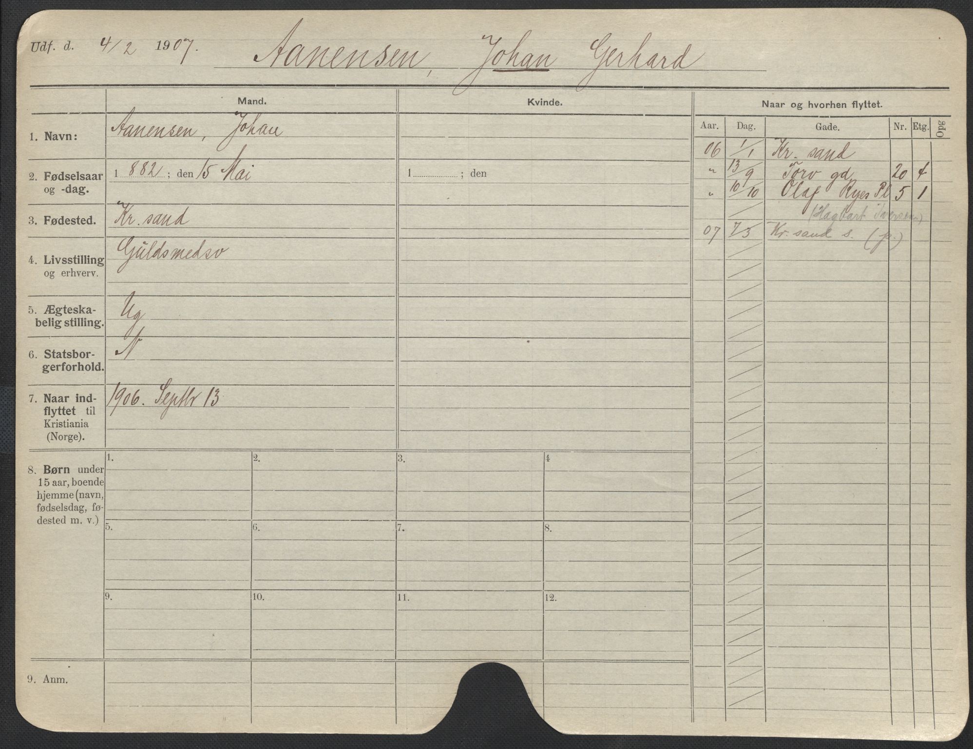 Oslo folkeregister, Registerkort, SAO/A-11715/F/Fa/Fac/L0011: Menn, 1906-1914, p. 1175a
