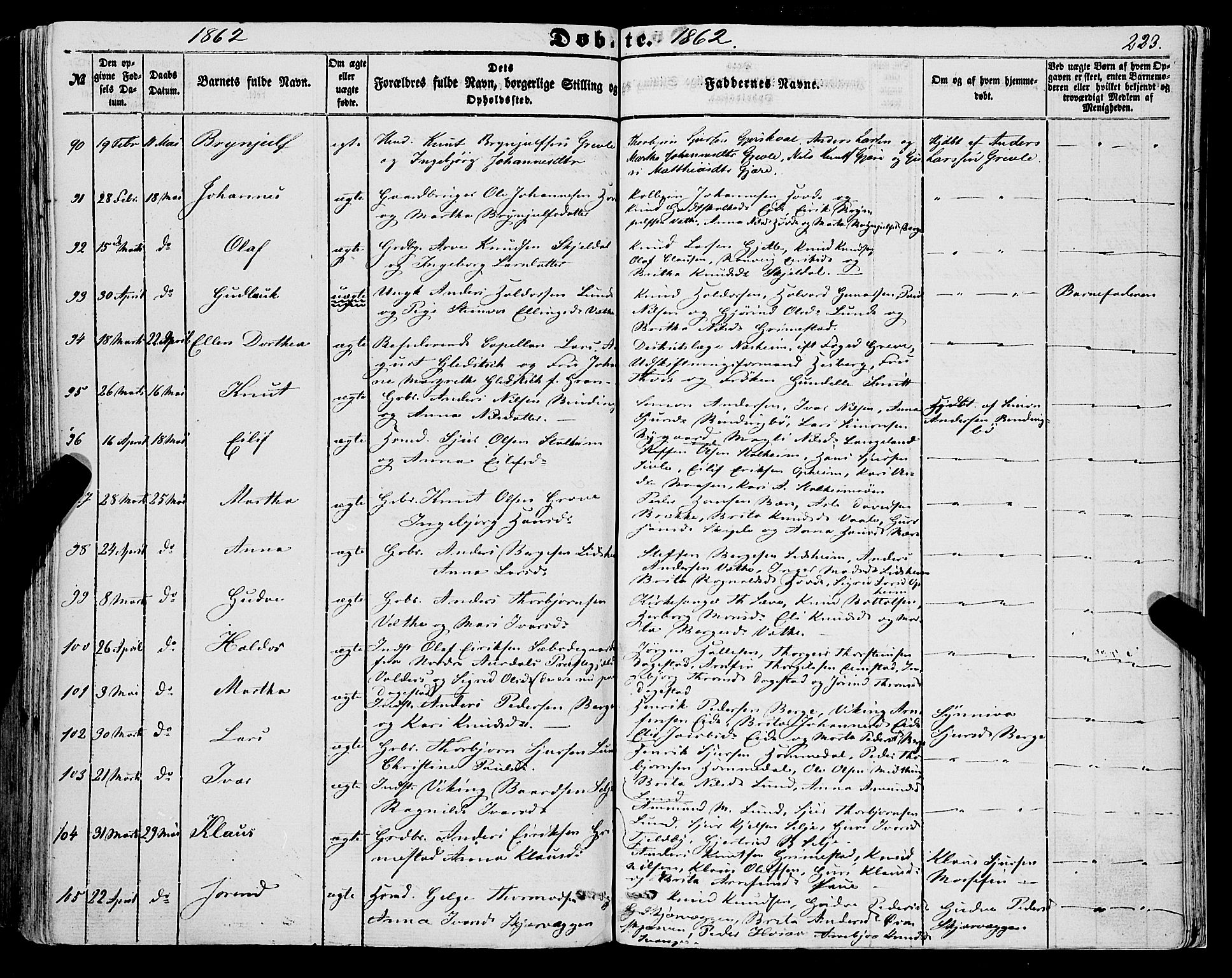 Voss sokneprestembete, AV/SAB-A-79001/H/Haa: Parish register (official) no. A 16, 1849-1863, p. 223