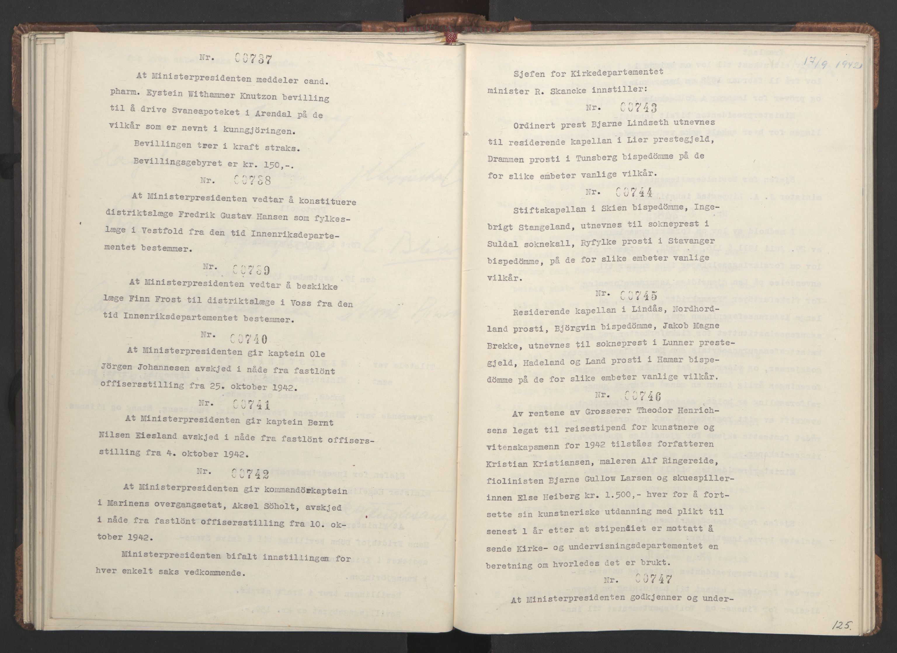 NS-administrasjonen 1940-1945 (Statsrådsekretariatet, de kommisariske statsråder mm), RA/S-4279/D/Da/L0001: Beslutninger og tillegg (1-952 og 1-32), 1942, p. 128