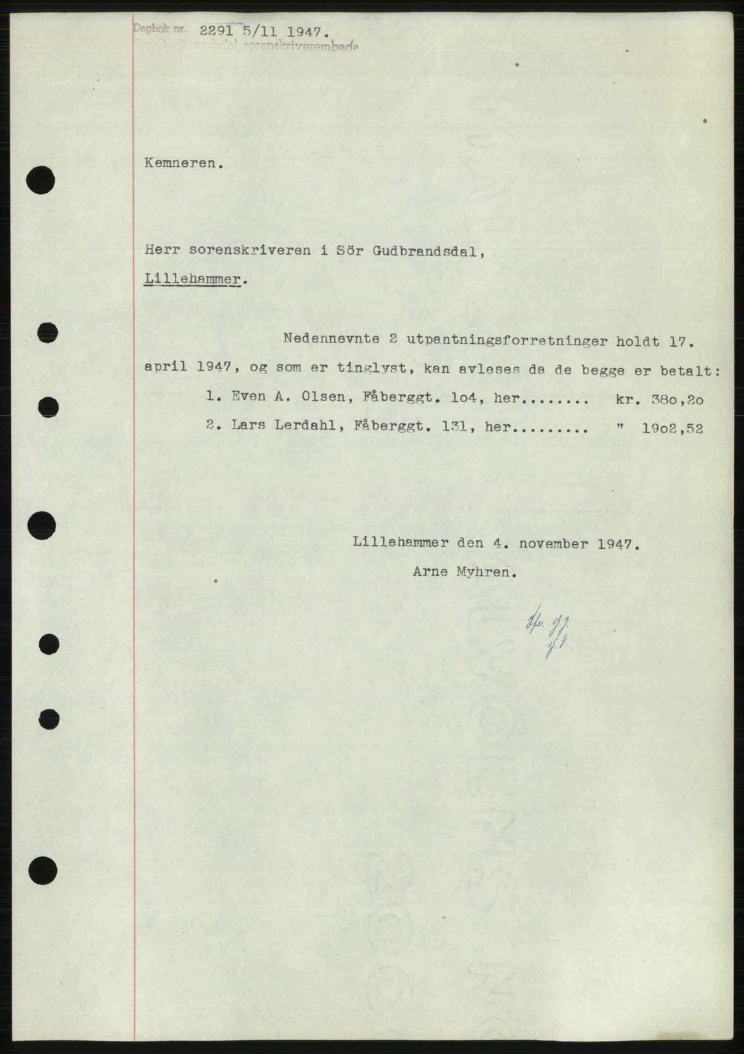Sør-Gudbrandsdal tingrett, SAH/TING-004/H/Hb/Hbf/L0002: Mortgage book no. C1, 1938-1951, Diary no: : 2291/1947