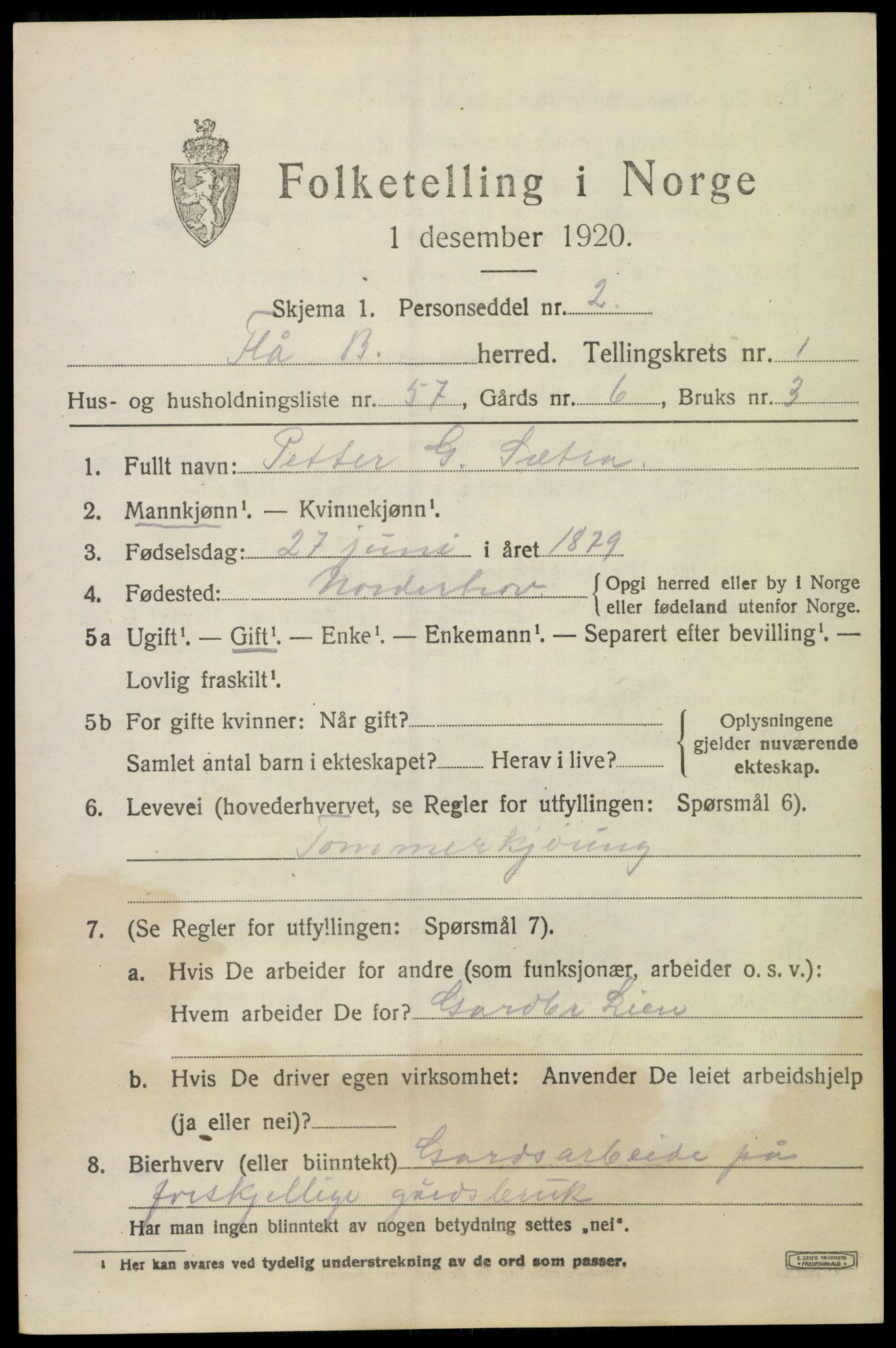 SAKO, 1920 census for Flå, 1920, p. 1367