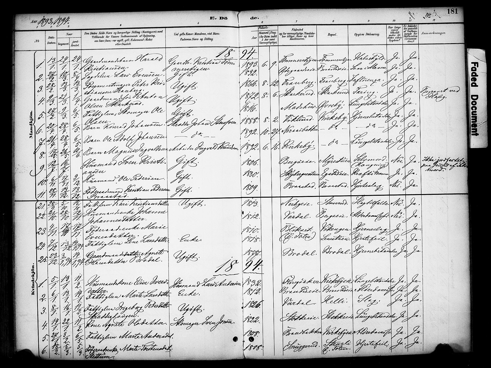 Vardal prestekontor, SAH/PREST-100/H/Ha/Haa/L0012: Parish register (official) no. 12, 1893-1904, p. 181