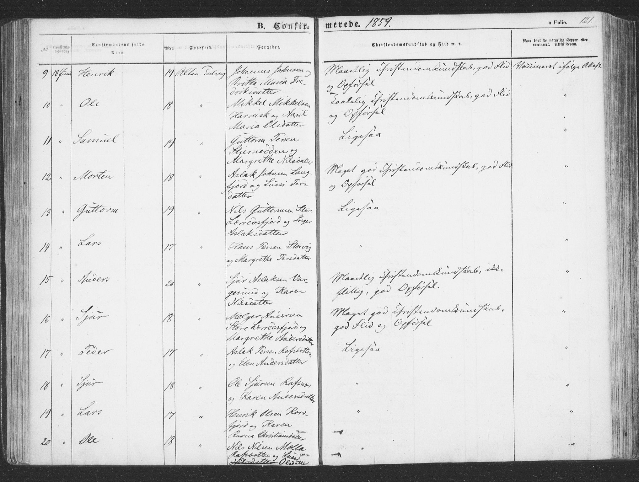 Talvik sokneprestkontor, AV/SATØ-S-1337/H/Ha/L0010kirke: Parish register (official) no. 10, 1852-1864, p. 121