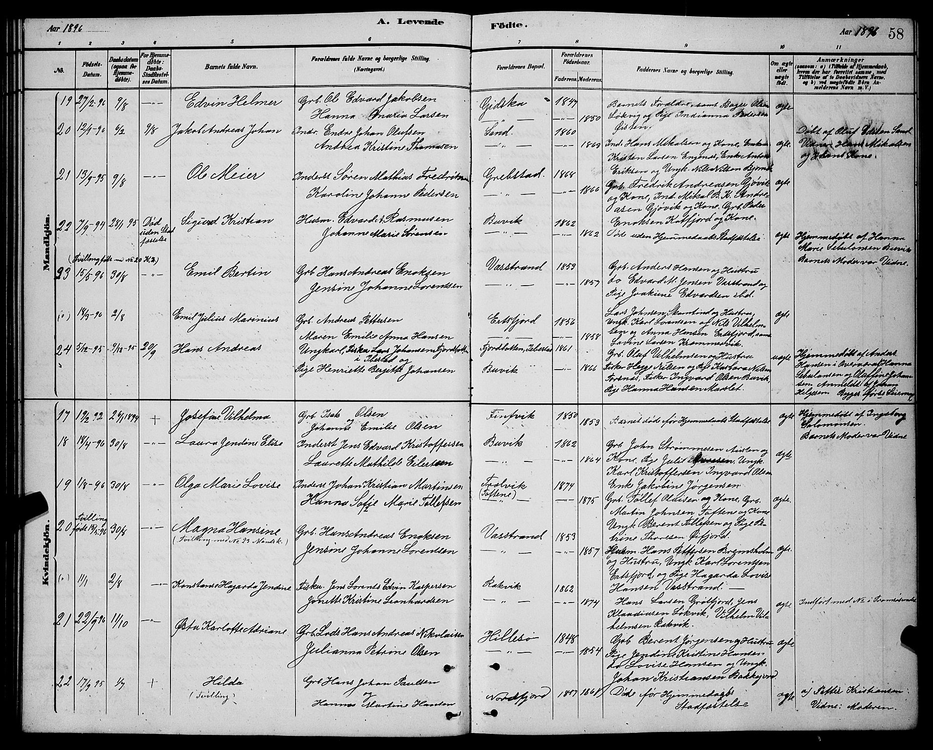 Lenvik sokneprestembete, AV/SATØ-S-1310/H/Ha/Hab/L0021klokker: Parish register (copy) no. 21, 1884-1900, p. 58