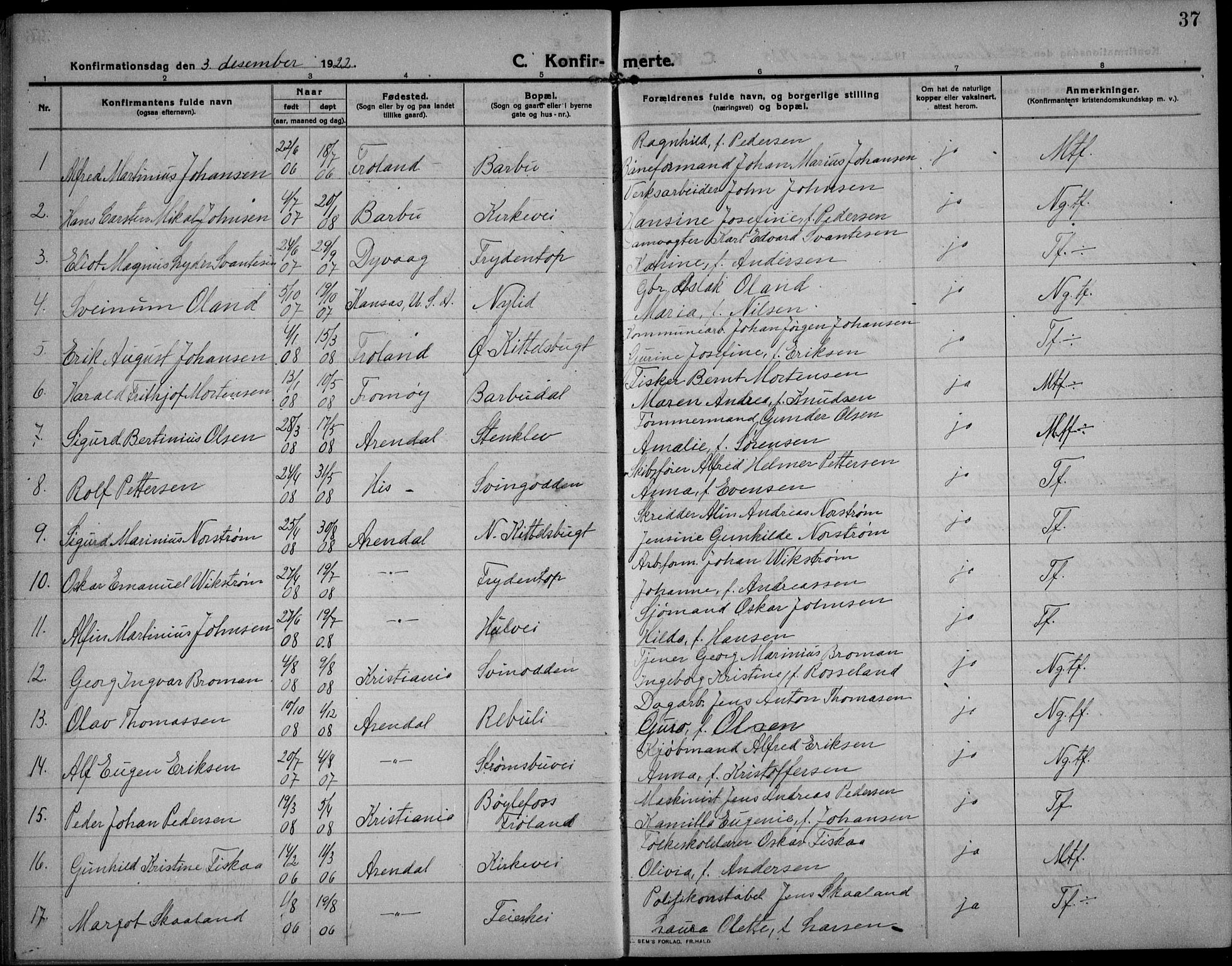 Barbu sokneprestkontor, AV/SAK-1111-0003/F/Fb/L0004: Parish register (copy) no. B 4, 1911-1936, p. 37