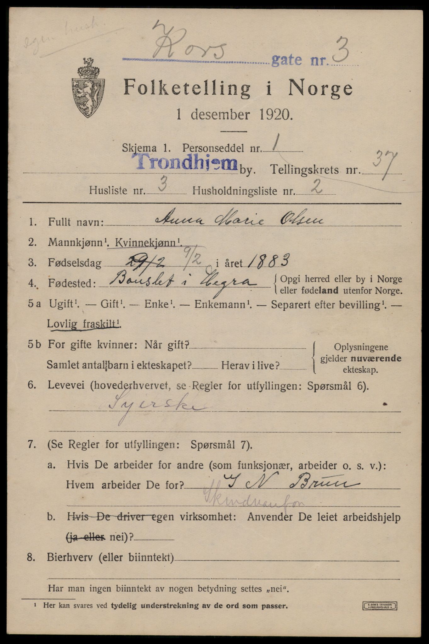 SAT, 1920 census for Trondheim, 1920, p. 84578