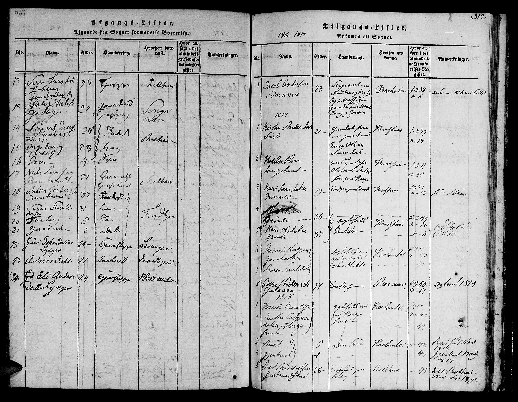 Ministerialprotokoller, klokkerbøker og fødselsregistre - Sør-Trøndelag, SAT/A-1456/692/L1102: Parish register (official) no. 692A02, 1816-1842, p. 312