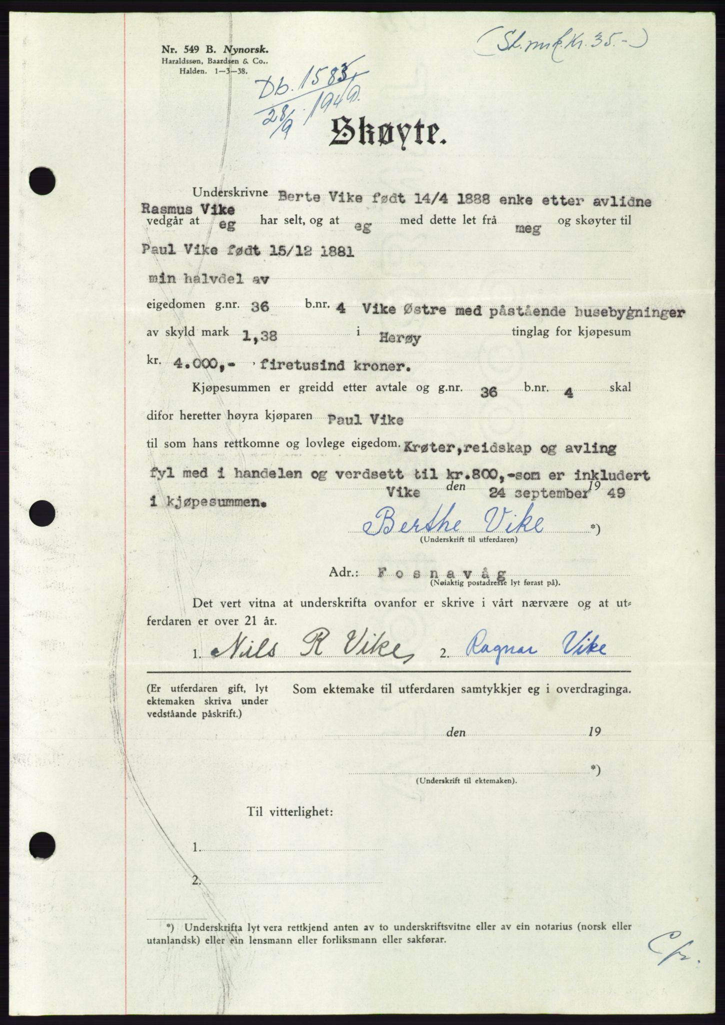 Søre Sunnmøre sorenskriveri, AV/SAT-A-4122/1/2/2C/L0085: Mortgage book no. 11A, 1949-1949, Diary no: : 1583/1949