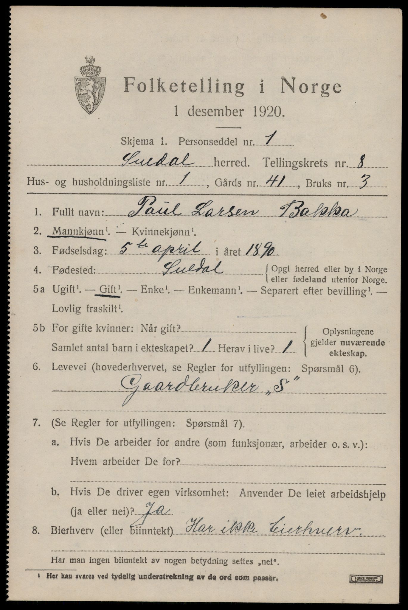 SAST, 1920 census for Suldal, 1920, p. 1850