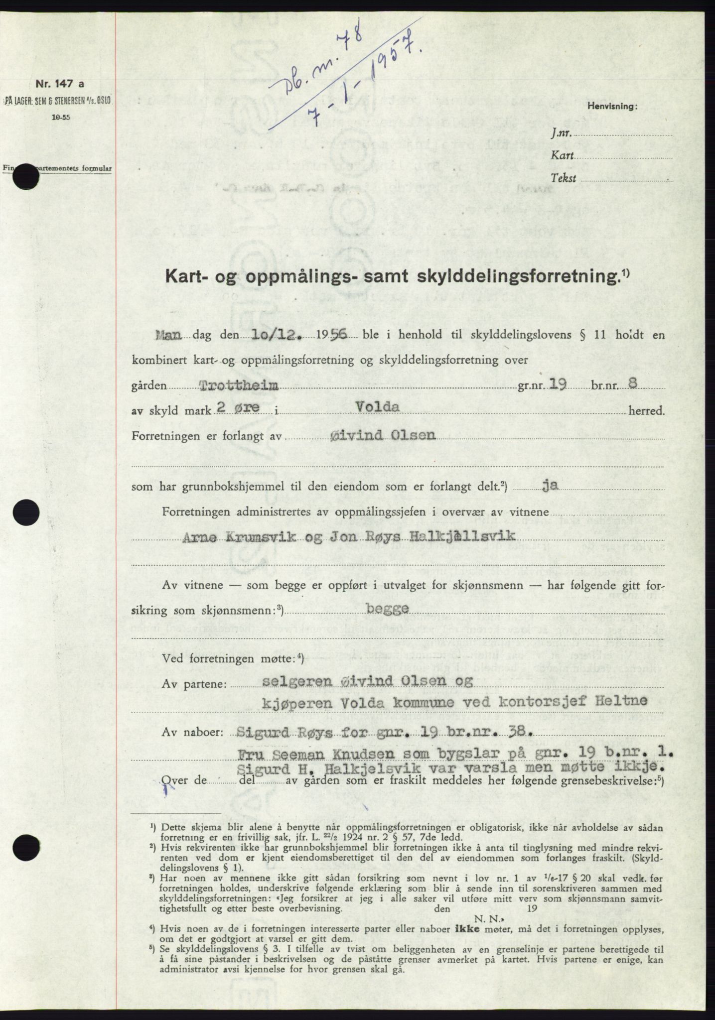 Søre Sunnmøre sorenskriveri, AV/SAT-A-4122/1/2/2C/L0105: Mortgage book no. 31A, 1956-1957, Diary no: : 78/1957