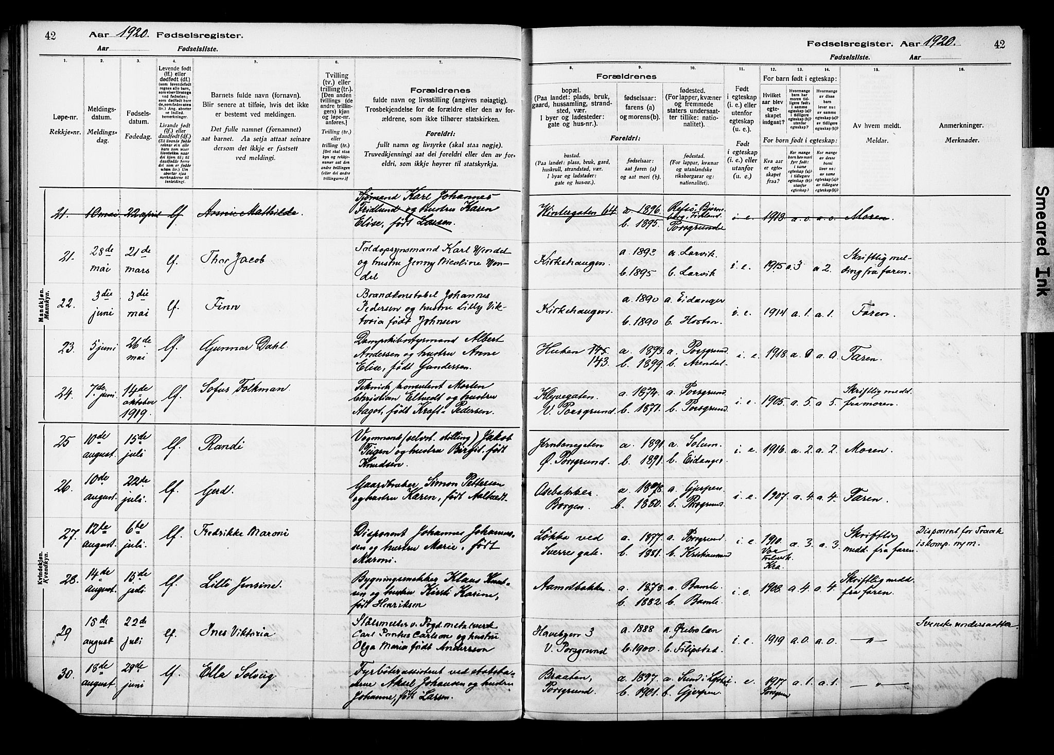 Porsgrunn kirkebøker , AV/SAKO-A-104/J/Ja/L0001: Birth register no. 1, 1916-1929, p. 42