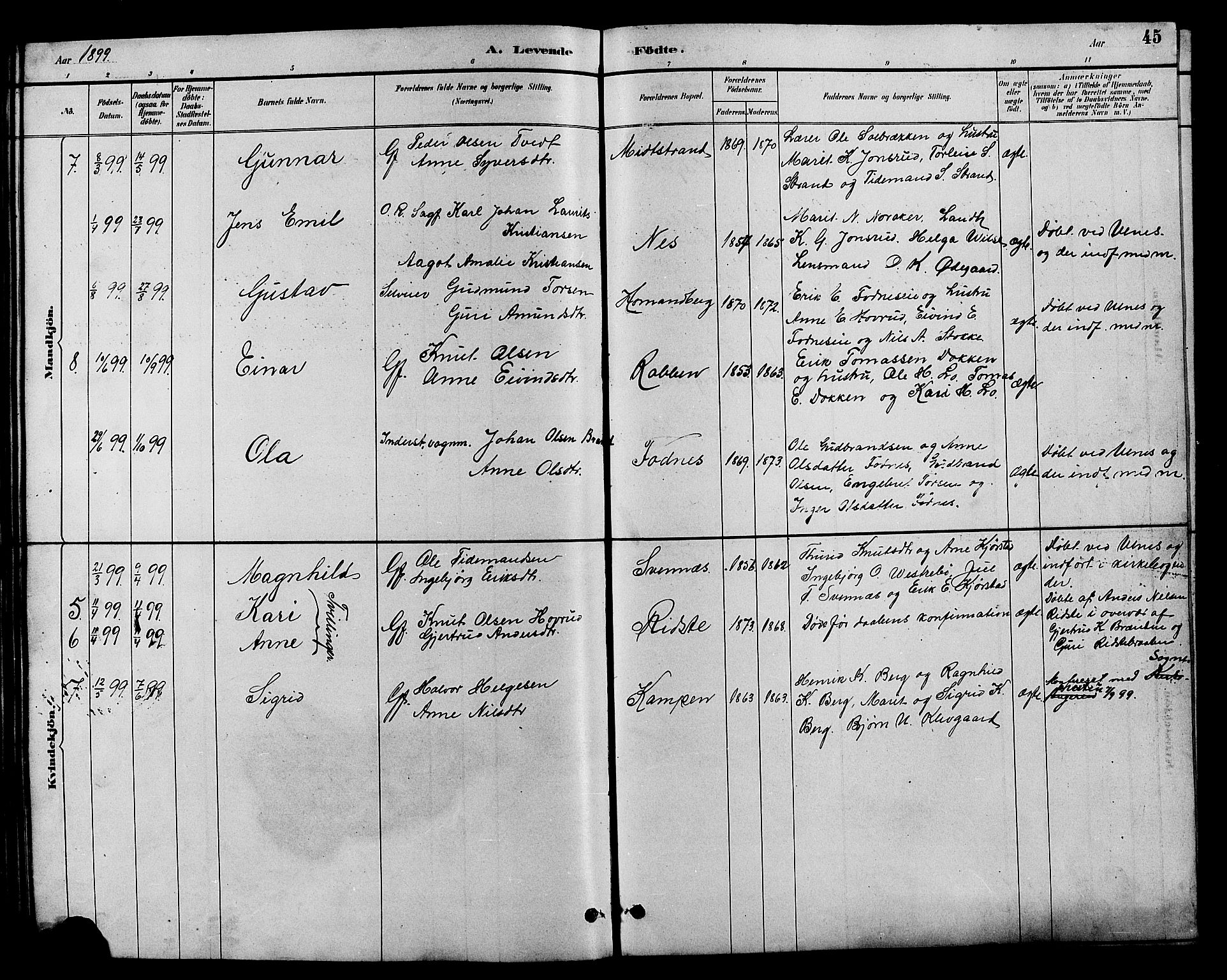 Nord-Aurdal prestekontor, SAH/PREST-132/H/Ha/Hab/L0007: Parish register (copy) no. 7, 1883-1910, p. 45