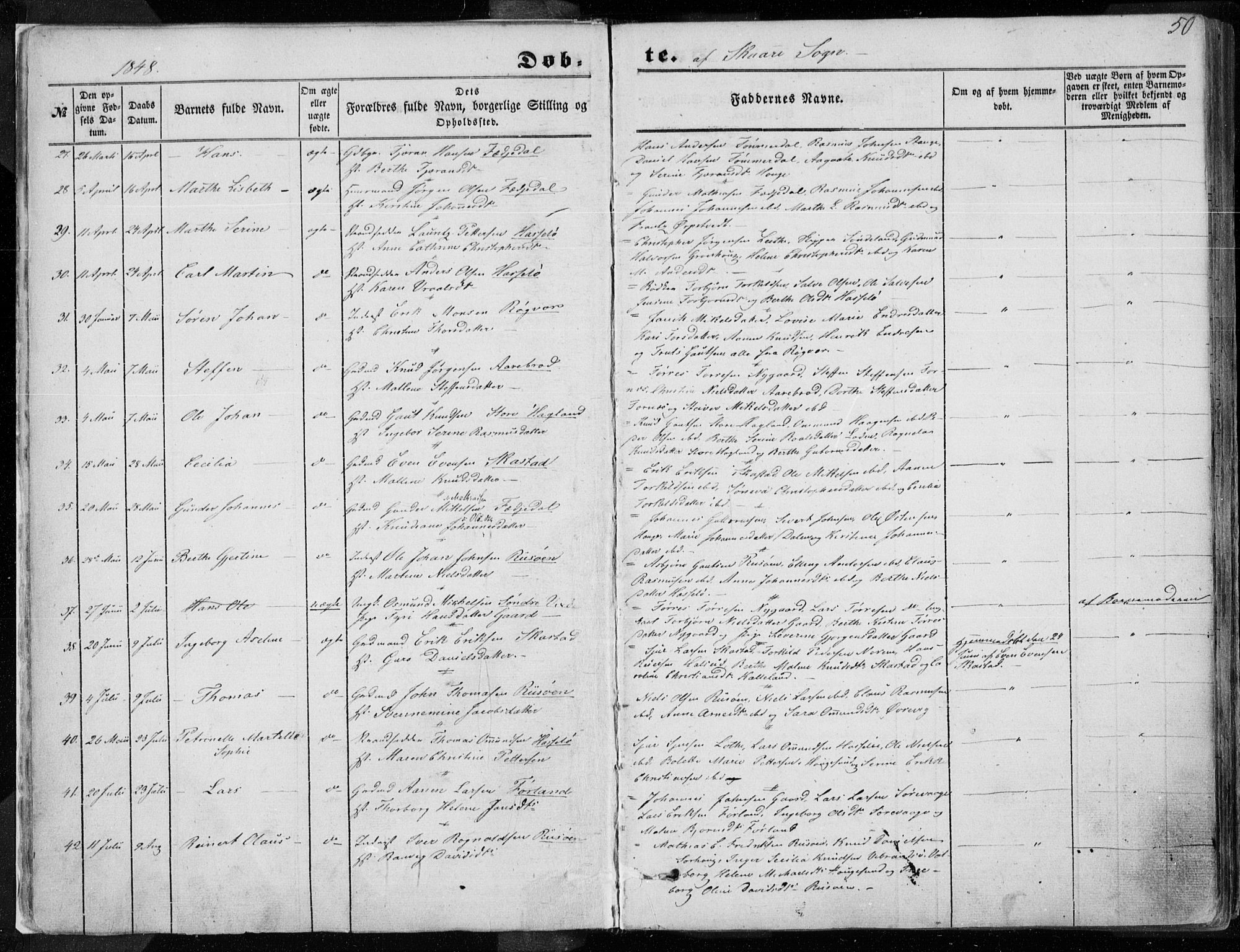 Torvastad sokneprestkontor, AV/SAST-A -101857/H/Ha/Haa/L0009: Parish register (official) no. A 9, 1847-1856, p. 50