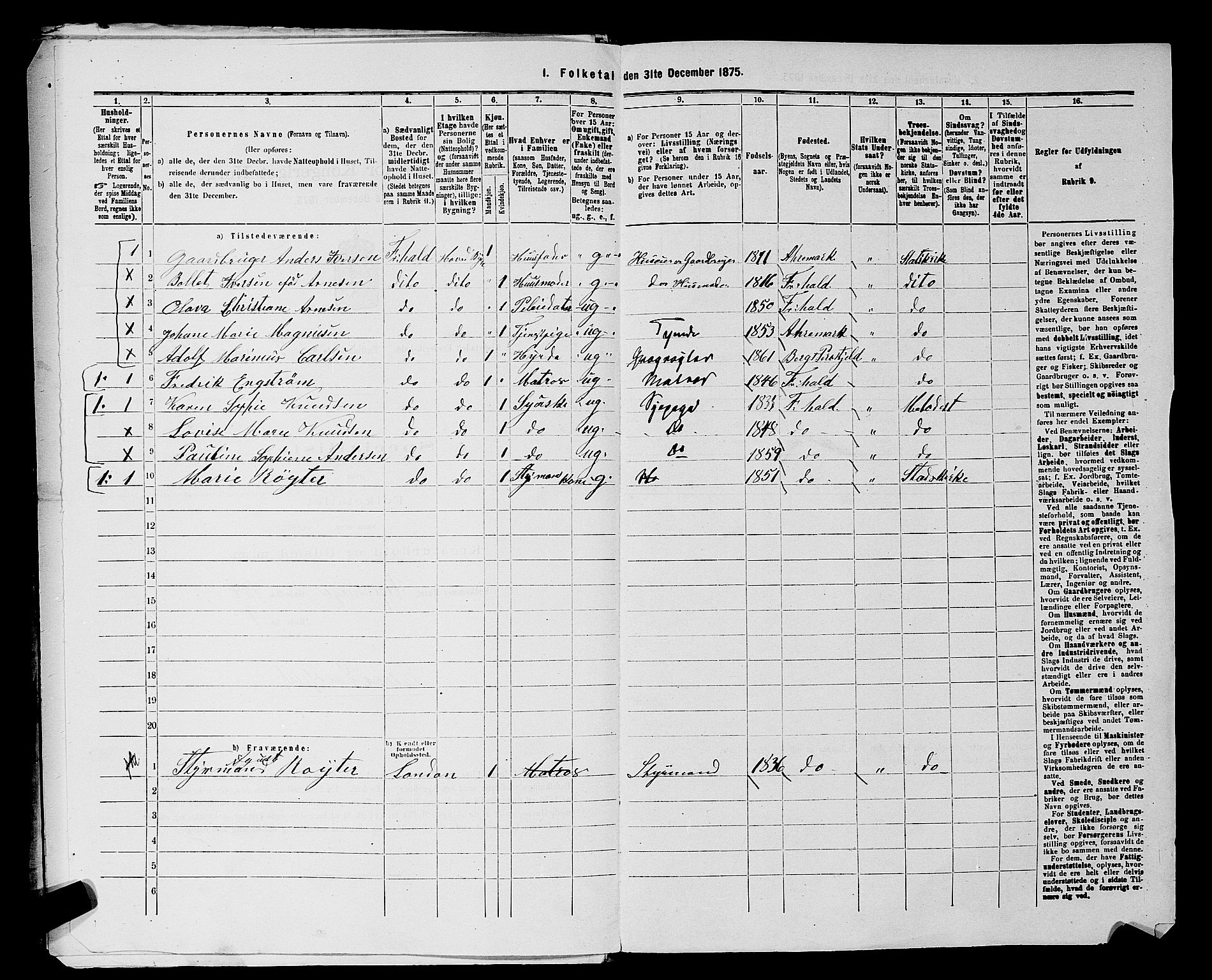 RA, 1875 census for 0101P Fredrikshald, 1875, p. 908